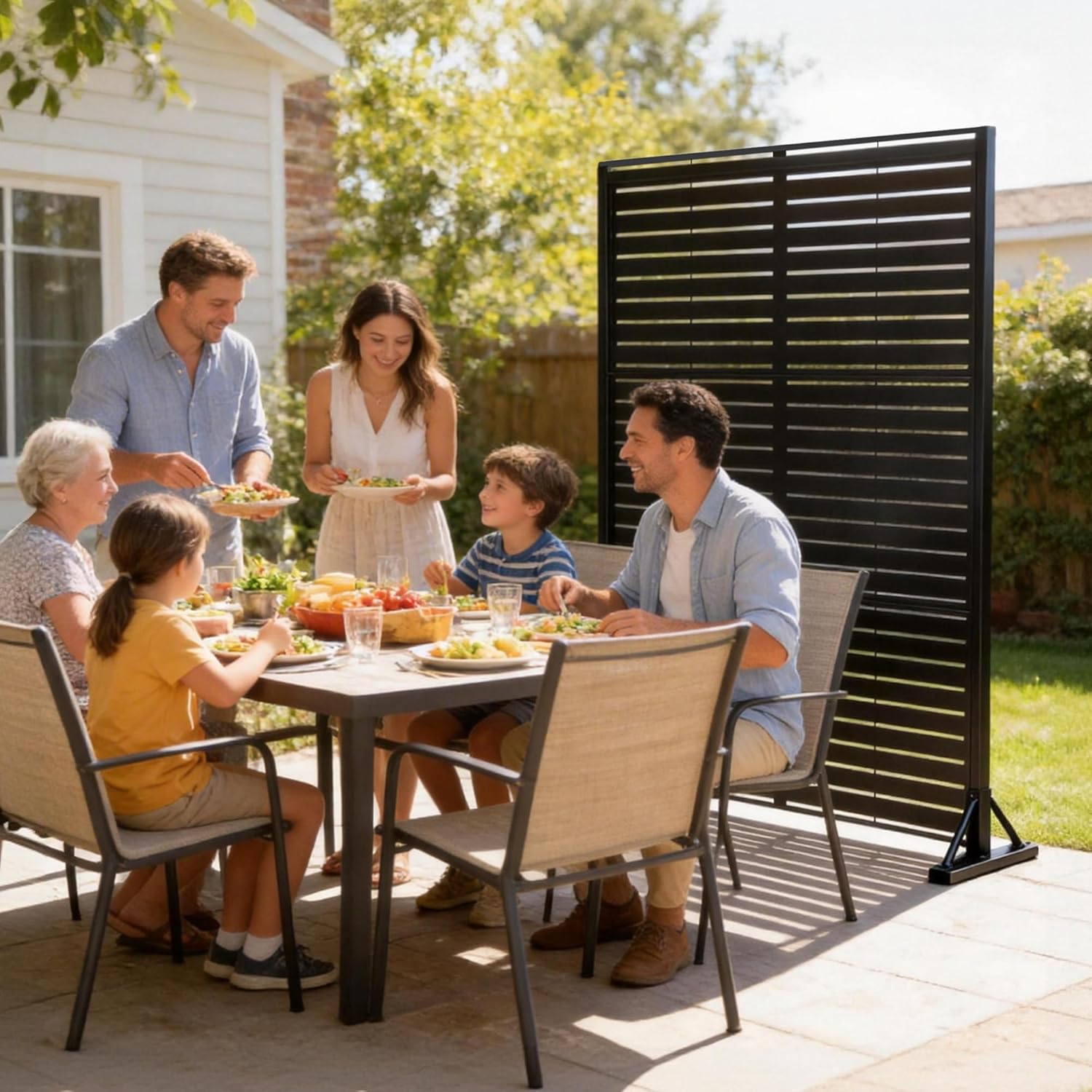 Furnishh Metal Privacy Screen Outdoor 72" H x 47" W Freestanding Fence Panel with Stand, Decorative Garden Partition & Room Divider for Patio, Pool, Backyard,Deck and Balcony, Black