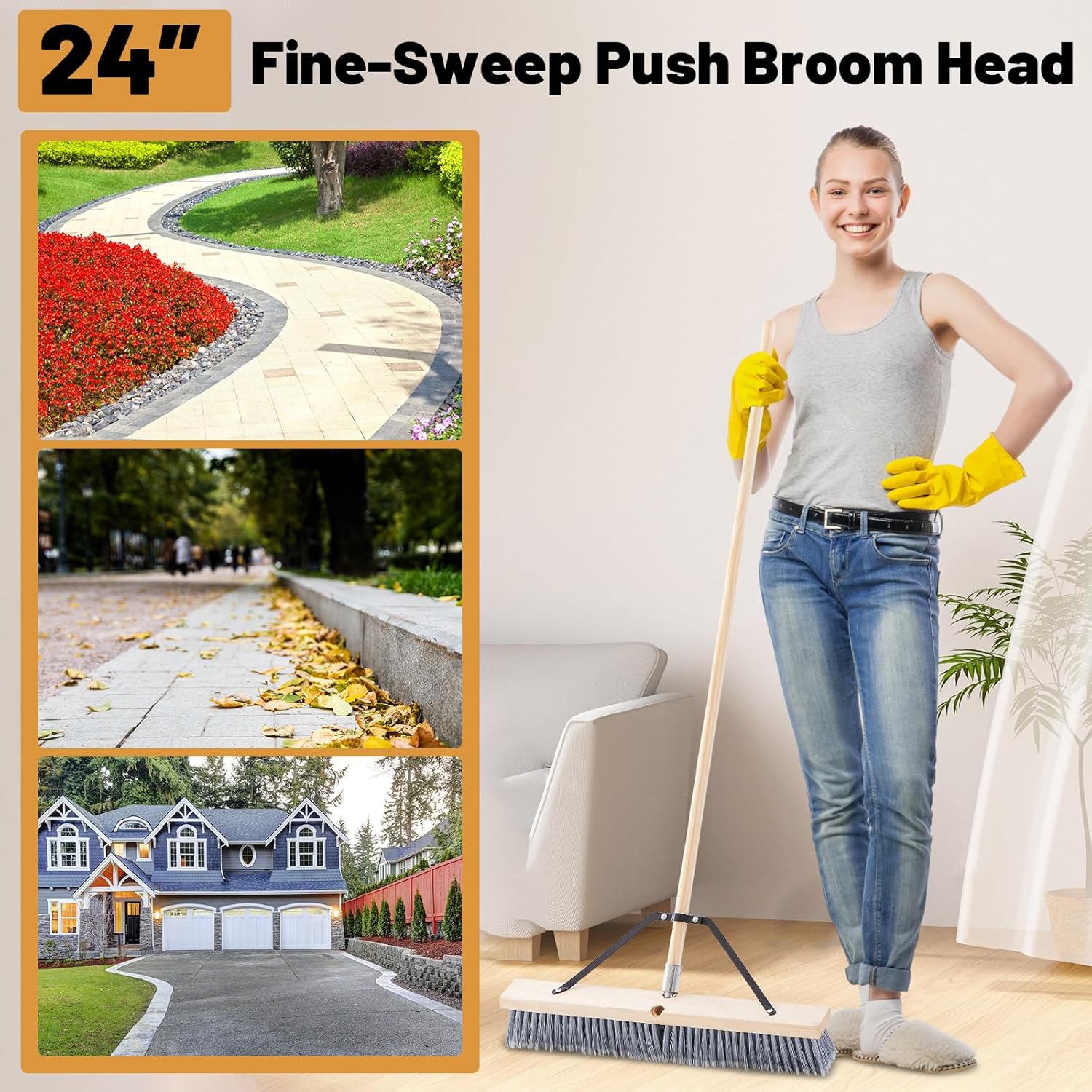 Maxdot 2 Pcs 24" Push Broom Head Fine-Sweep Threaded Wood Block with Broom Brace for Outdoor Indoor