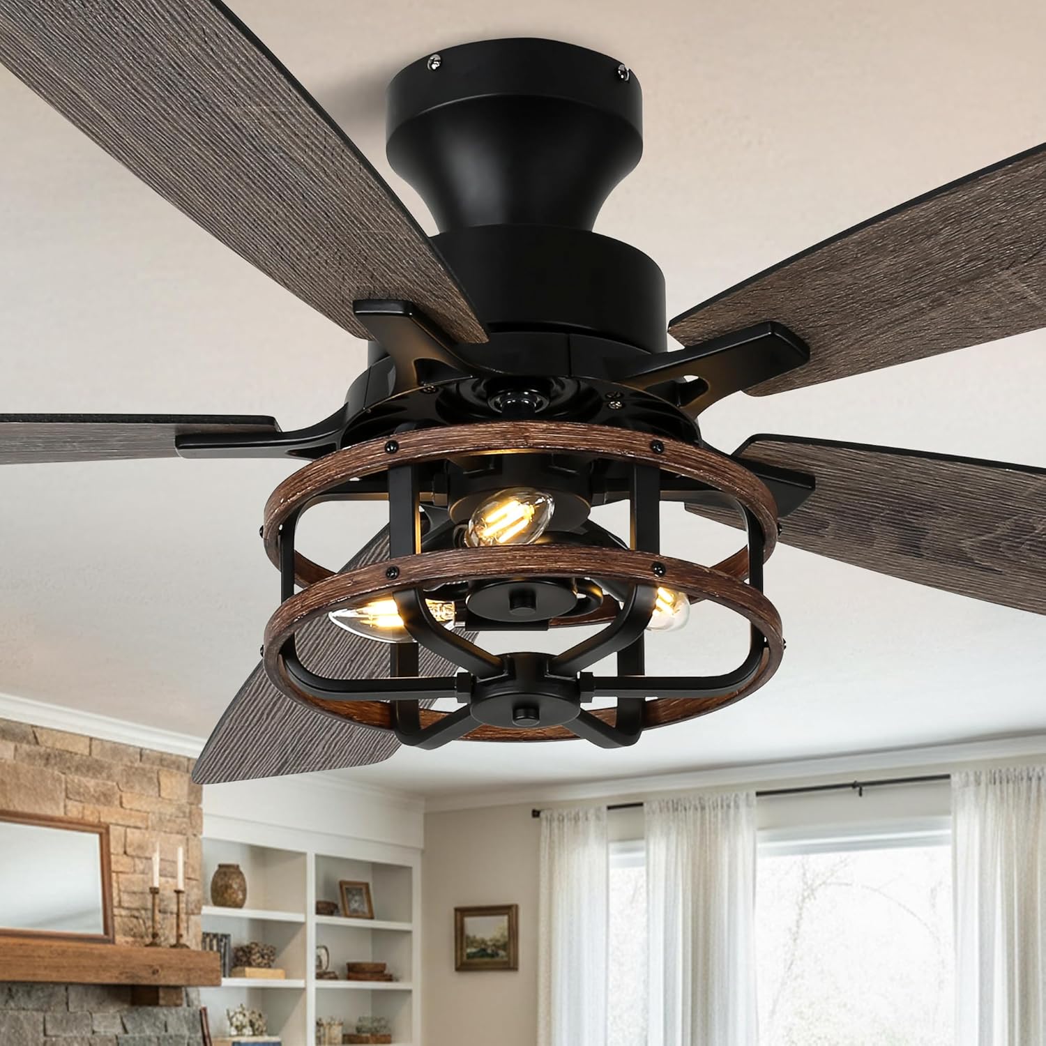 52 Inch Flush Mount Chandelier Ceiling Fan with Lights Rustic Ceiling Fan Low Profile Farmhouse Fandelier Chandelier Light for Bedroom Living Room, 3 E26 Bulbs (2)