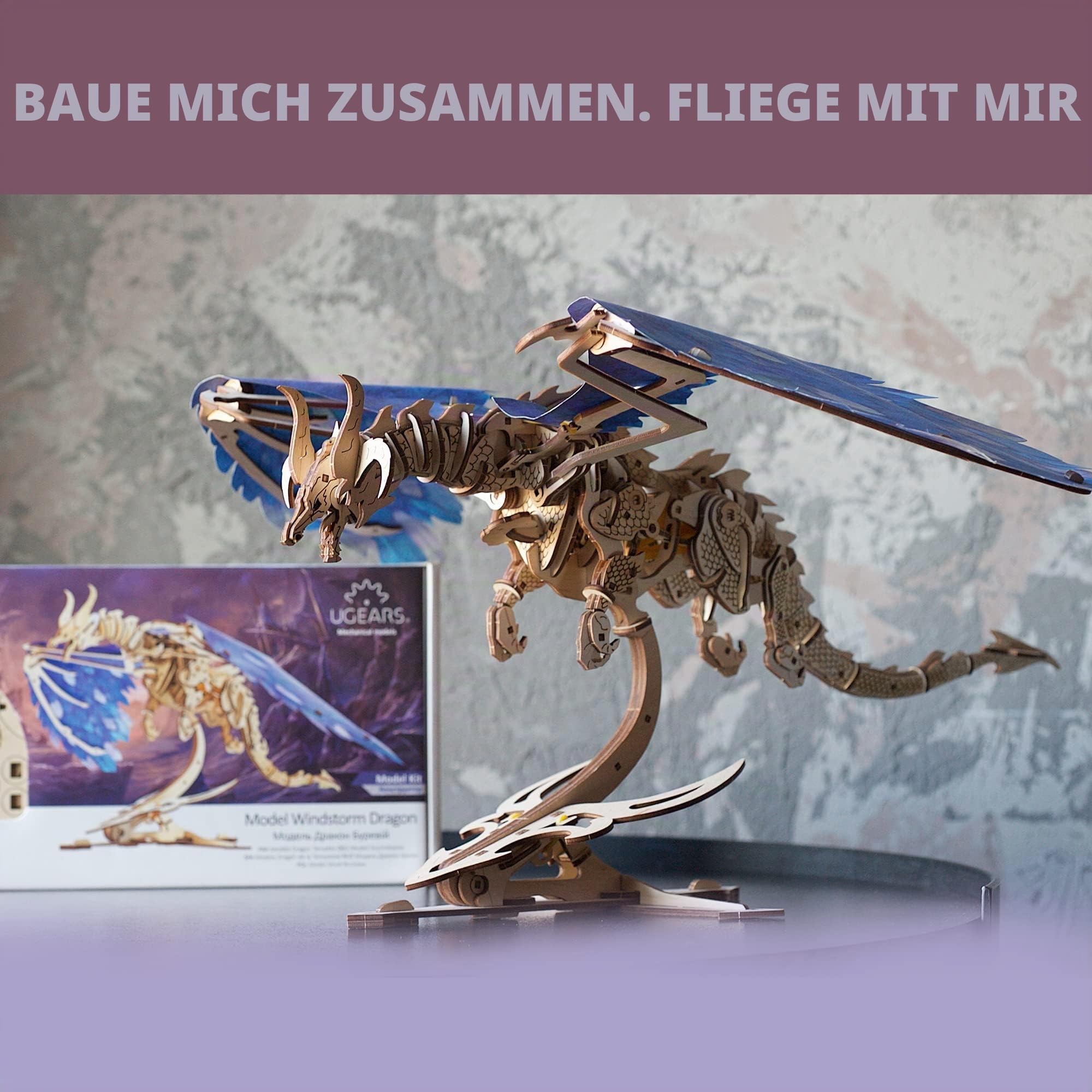 UGEARS 3D Holzpuzzle Erwachsene Sturmdrache Dragon 3D Puzzle Modellbausatz für Erwachsene und Jugendliche aus Holz DIY Mechanisches Holzbausatz Drachen Modell mit Gummibandmotor