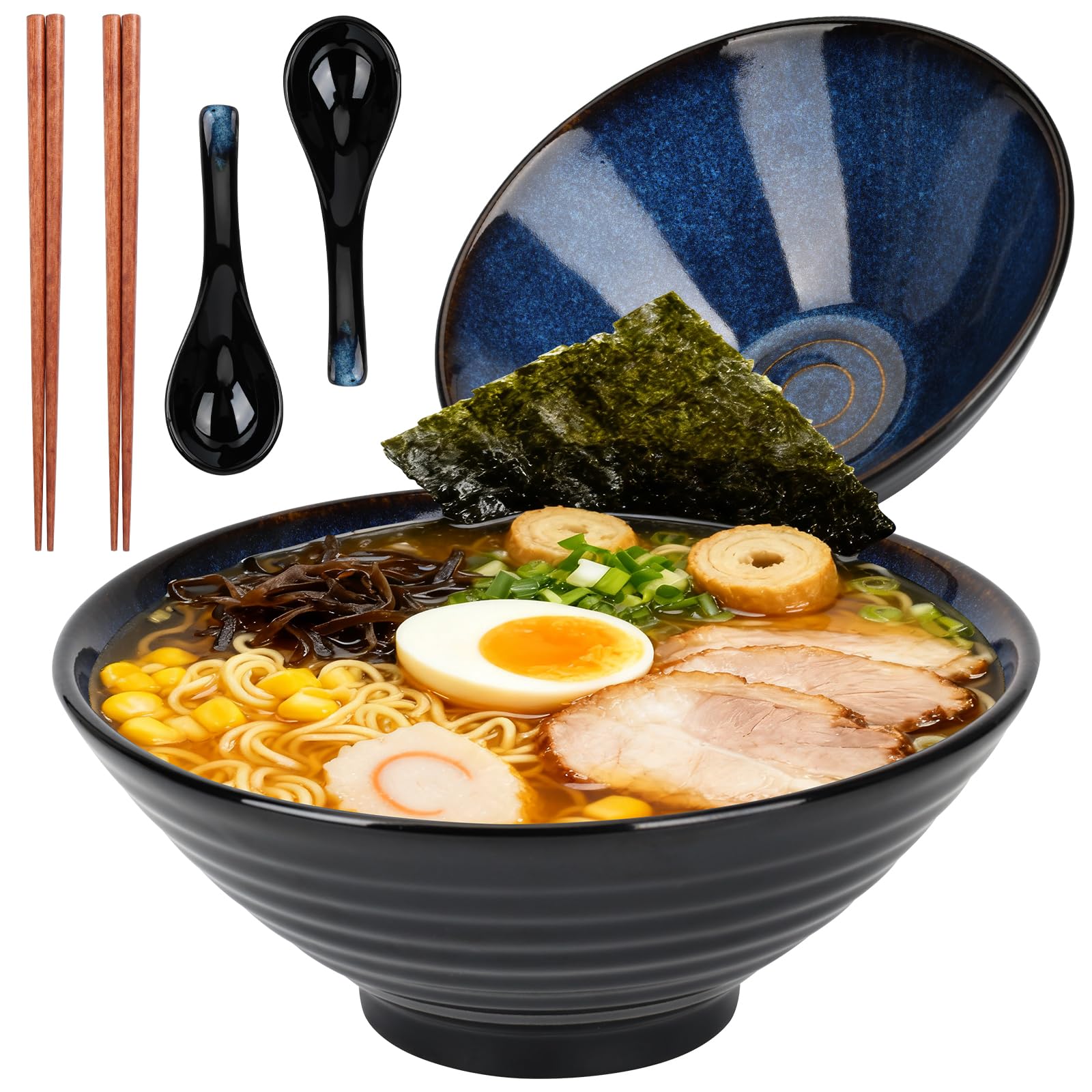 Set di 2 Ciotola Ramen Giapponesi da 1200 ml, con Bacchette e Cucchiai, Ciotole Ramen Bowl in Ceramica, Regalo Creativo Ciotola per Ramen, Insalata di Frutta, Verdura, per Forno a Microonde (Blu)