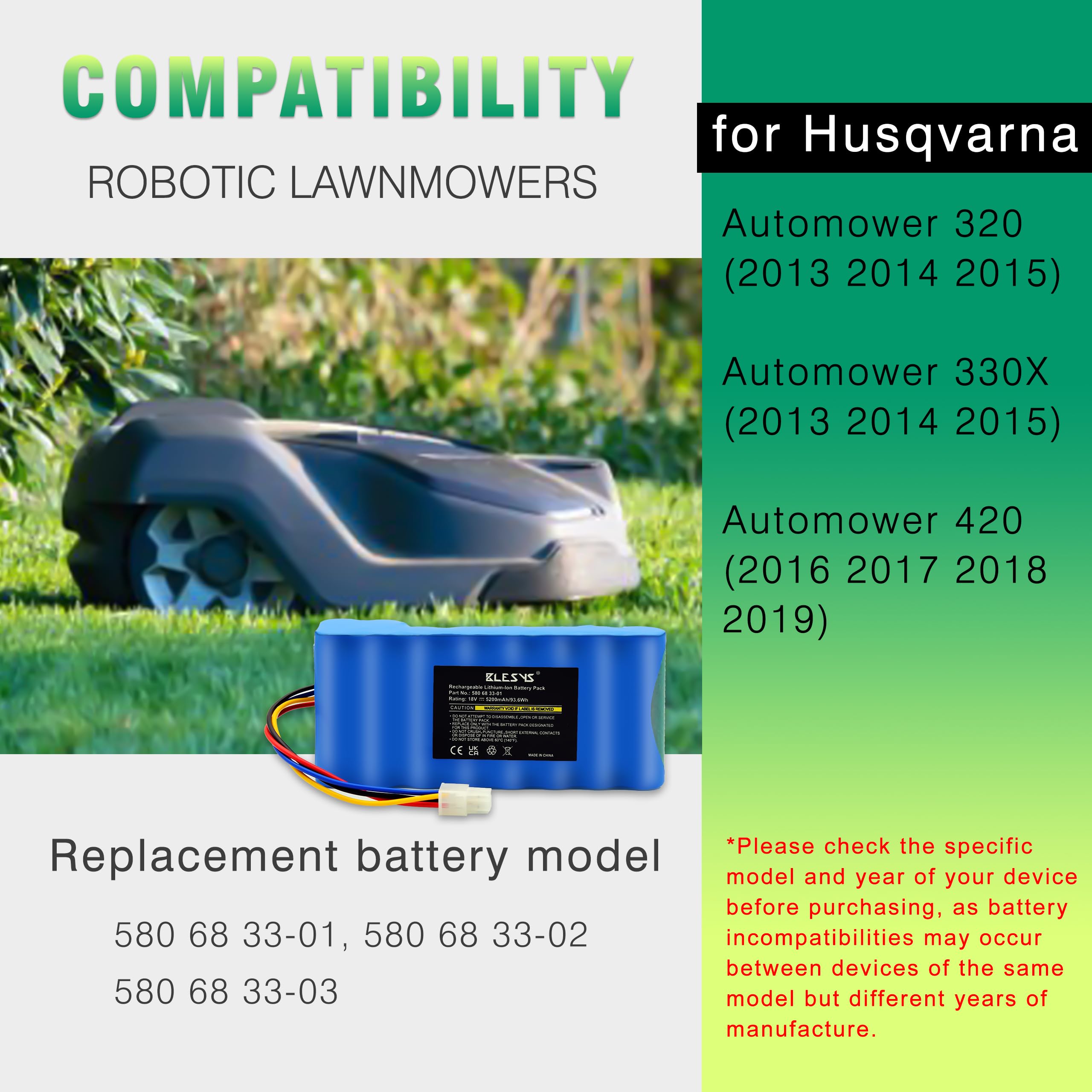 BLESYS 18 V 5200 mAh Batería para Husqvarna Automower 320 330X (2013 2014 2015) 420 (2016 2017 2018 2019) Batería de Repuesto para Robot Cortacésped 580 68 33-01, 580 68 33-02