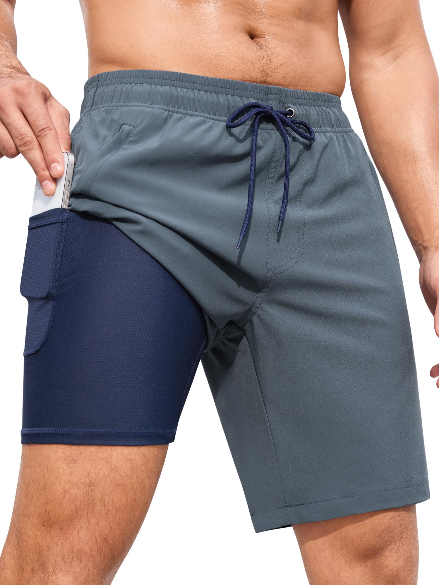 Mens Swim Trunks with Compression Liner Quick Dry 9" Bathing Suit Summer Beach Swimming Shorts with Zip Pockets