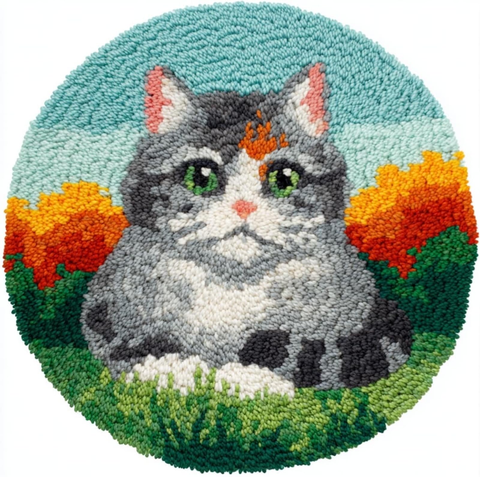 WallustrioaW DIY Carpet Latch Hook Kits,cat in the Grass,Latch Hook Rug Kits for Adults Beginners DIY Needlework Crocheting Rug Home Decor,50x50cm
