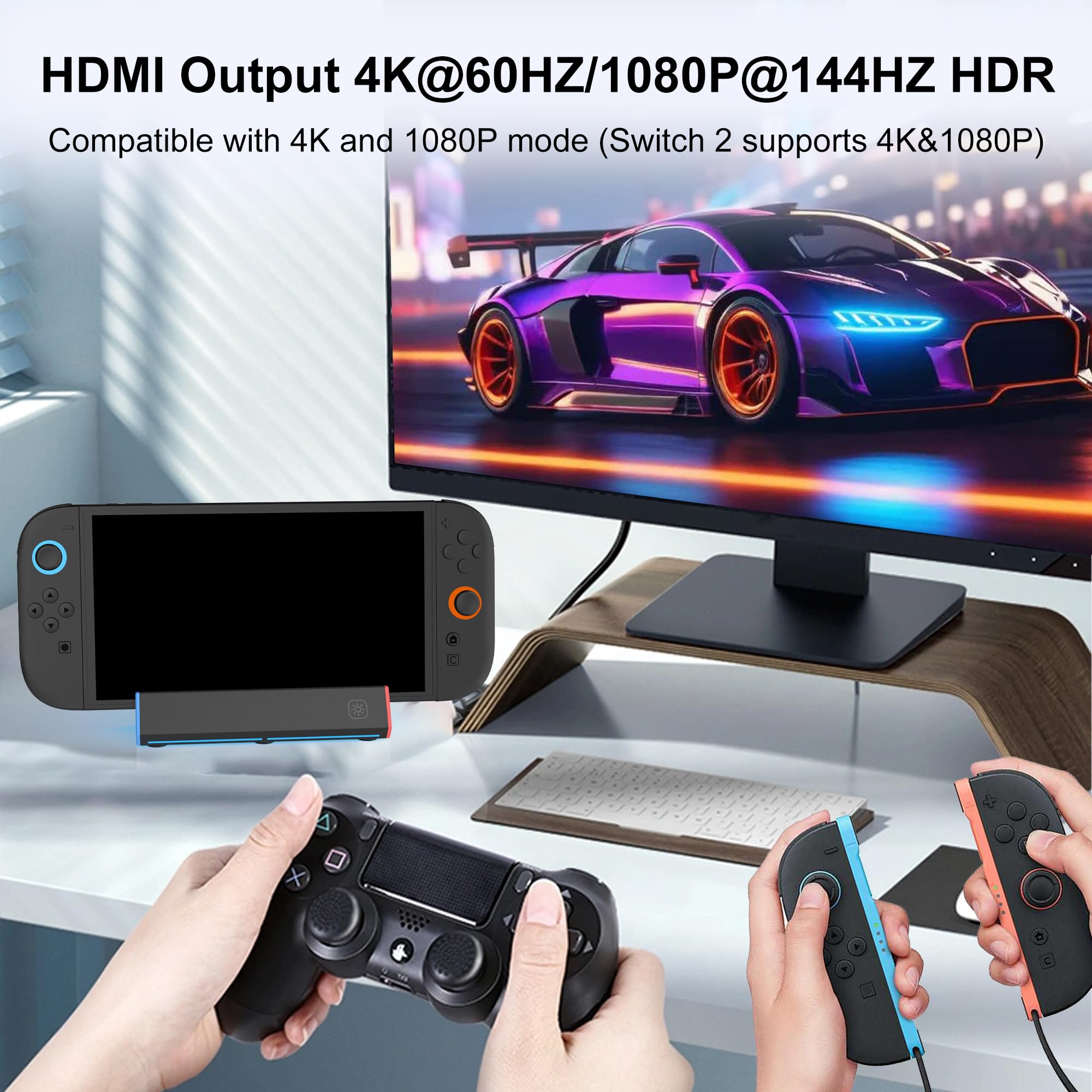 Switch 2 Estación de base de TV para Nintendo Switch 2, soporte base de repuesto portátil con salida HDMI 4K, puerto tipo C, puerto USB 3.0, luz LED RGB para Nintendo Switch-2 oficial