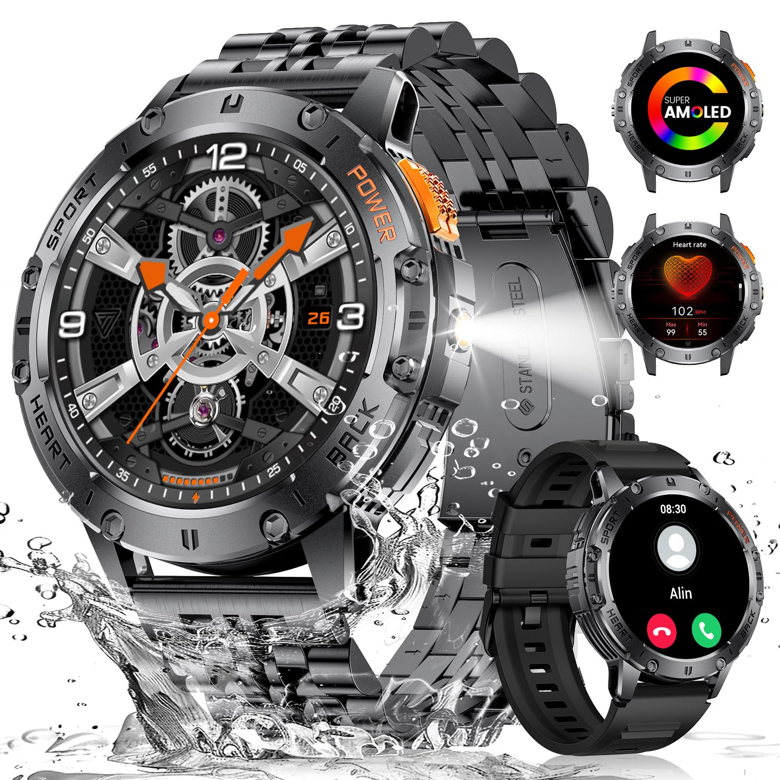 ESFOE Orologio Smartwatch Uomo con Torcia LED,1,43'' AMOLED Militari Smart Watch con impermeabile 5ATM,530 mAh Fitness Tracker Contapassi 120+ Modalità Sport robusto orologio con Chiamate(2 cinturini)