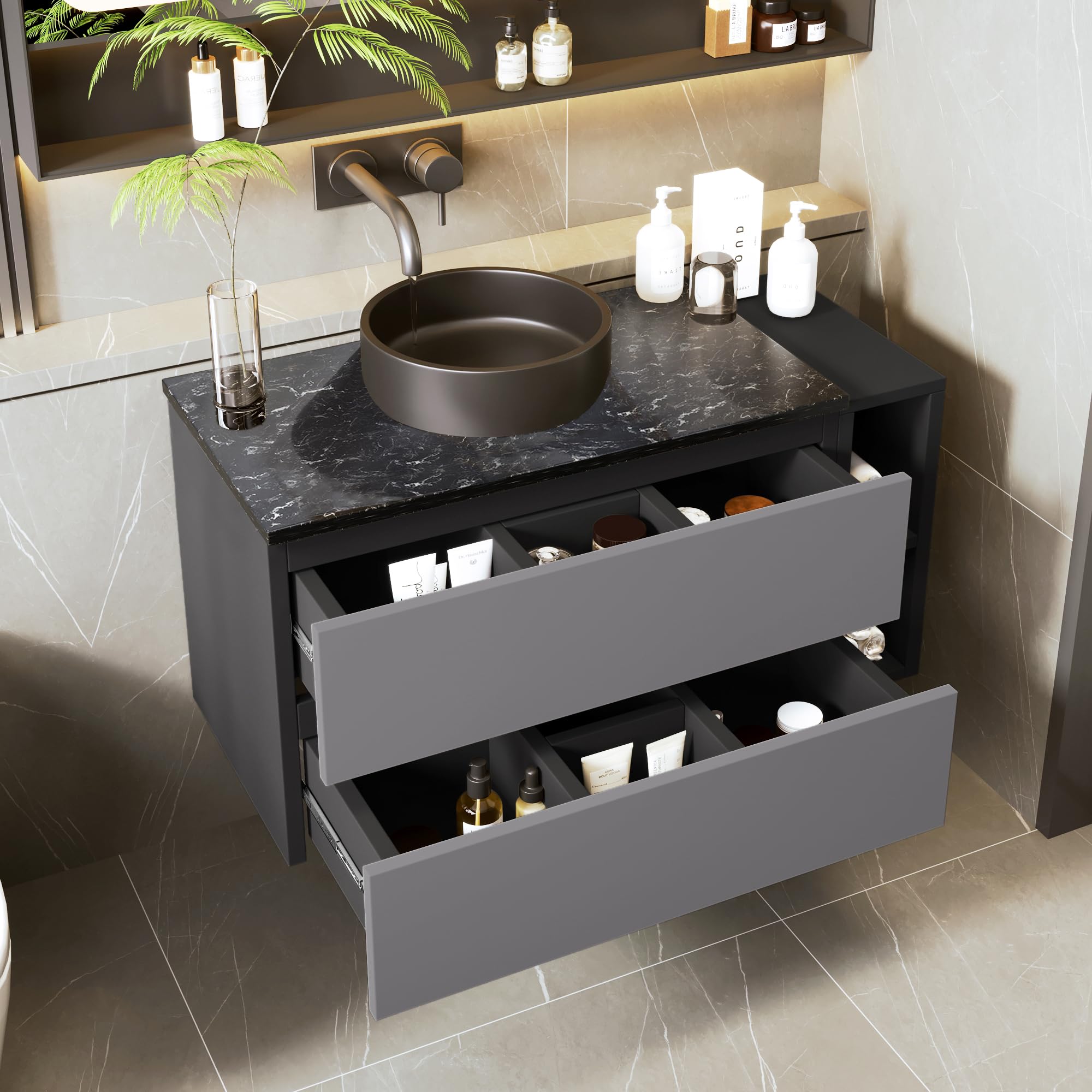 Mueble de lavabo suspendido de 80 cm de ancho, con lavabo de cerámica, con cajones, diseño moderno, color negro y gris