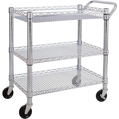 Seville Classics UltraDurable NSF Commercial Heavy Duty Metal Rolling Utility Cart, Handle Bar for Restaurant, Garage, Warehouse, Kitchen, Office, Deep Top Basket (34.8"W x 18.25"D)