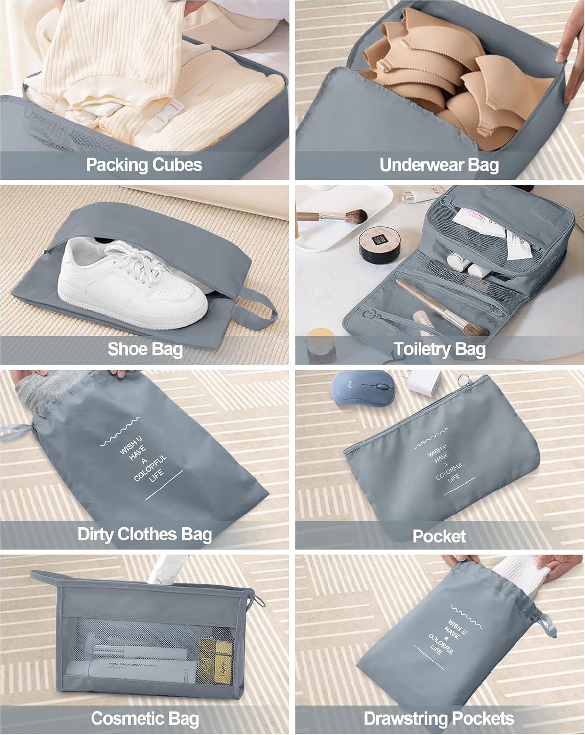 TRMFUSA Packing Cubes for Suitcases, TRMFUSA 10 Pcs Packing Organizers, Luggage Organizers with Laundry Bags/Shoe Bag/Toiletry Bag (Gray) - Image 7