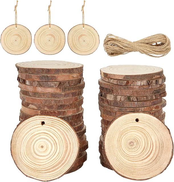 JMIATRY 60 Pcs Natural Wood Slices with Hole, 7-8cm Log Slices, Wooden Circles for Arts, Christmas or Wedding Ornaments and DIY Crafts