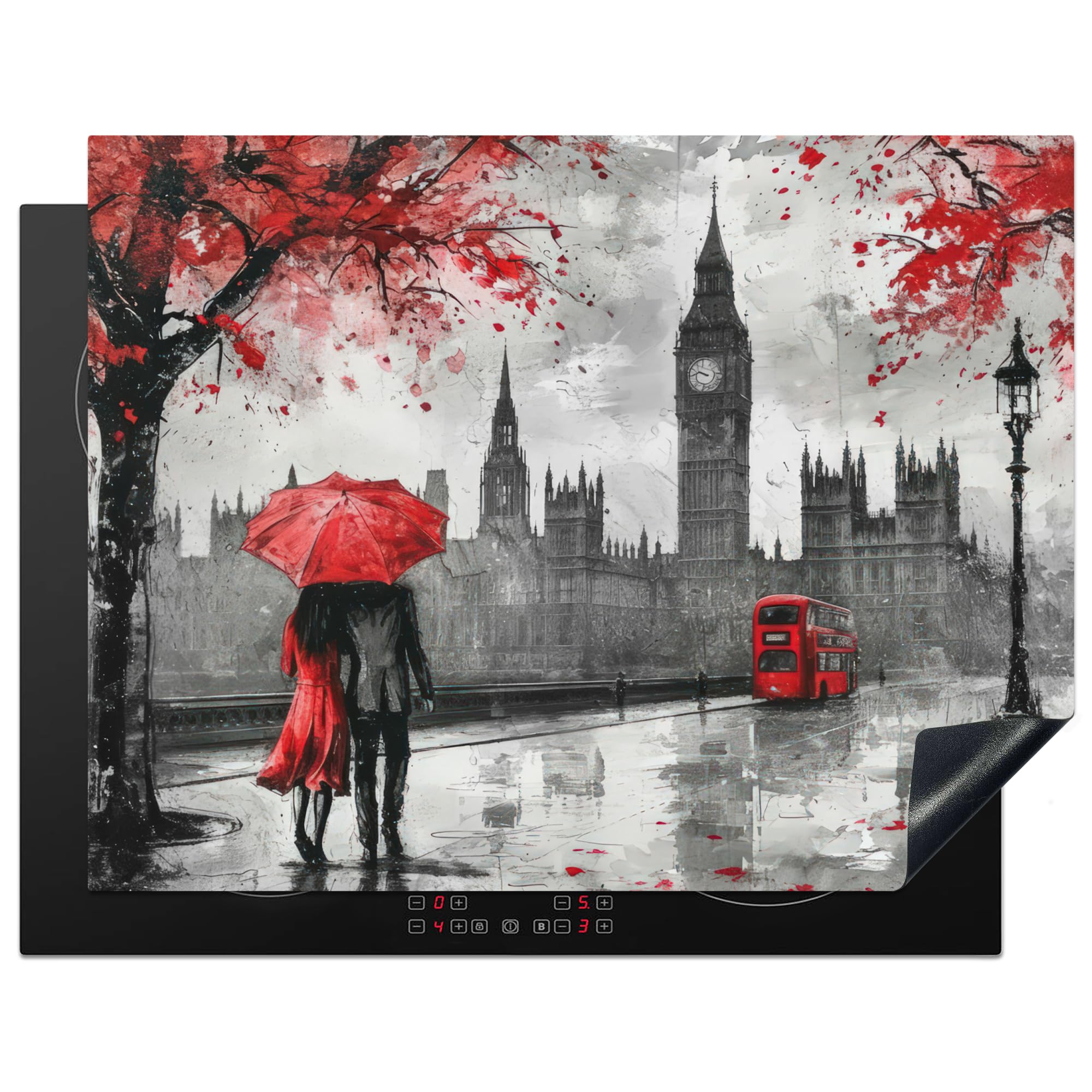 KitchenYeah© Induction Hob Protector Mat 23.2"x30.3" / 77x59 cm Cooker Top Protectors Cover Ceramic Covers Electric Hobs Vinyl London - Red - Black - Couple - Romantic