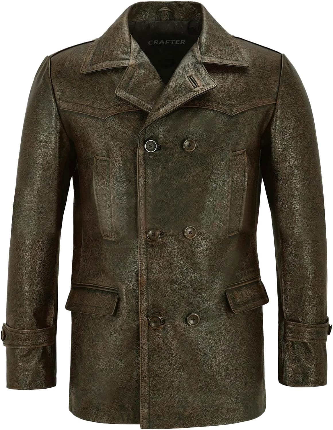 Crafter Men's Kriegsmarine German Ww2 Dr Who Reefer Hide Leather Jacket Coat Four Button Leather Car Coat - Pea Coat for Mens