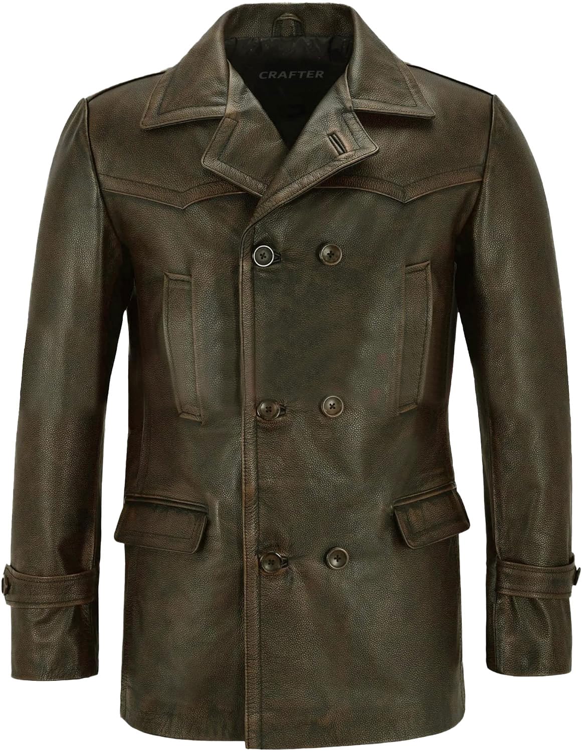 Crafter Men's Kriegsmarine German Ww2 Dr Who Reefer Hide Leather Jacket Coat Four Button Leather Car Coat - Pea Coat for Mens