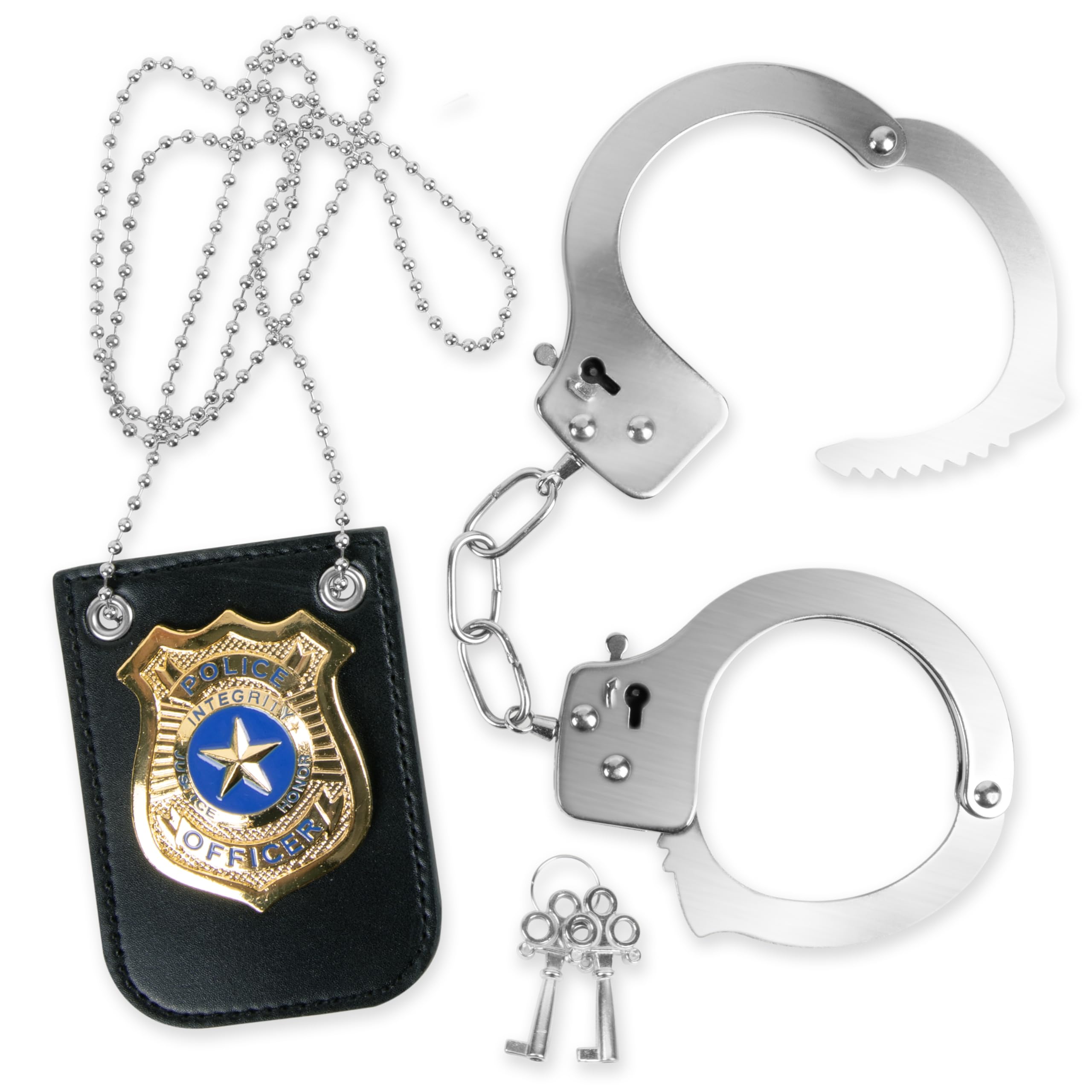Kangaroo Police Toy Handcuffs with Keys & Gold Police Badge Set for Kids | Cop Costume Accessories Metal Pretend Play Handcuffs & Badge & Chain for Boys & Girls, Detective Play, Dress Up & Parties