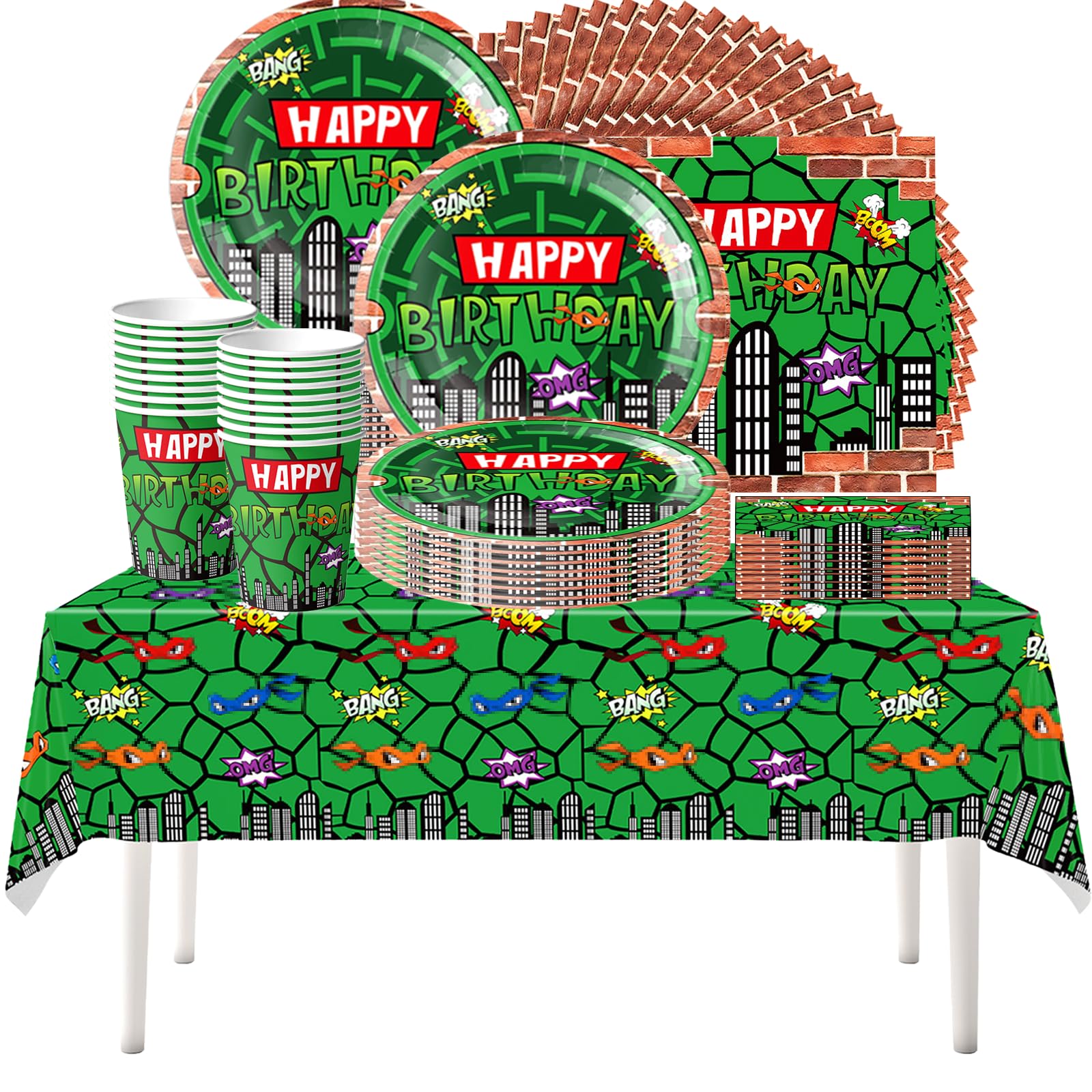 61 pezzi Set di stoviglie per feste di compleanno per bambini Green Turtle, festa di compleanno per bambini Superhero Turtle Shell, tazze, piatti, tovaglioli, tovaglia, adatto per 20 ospiti