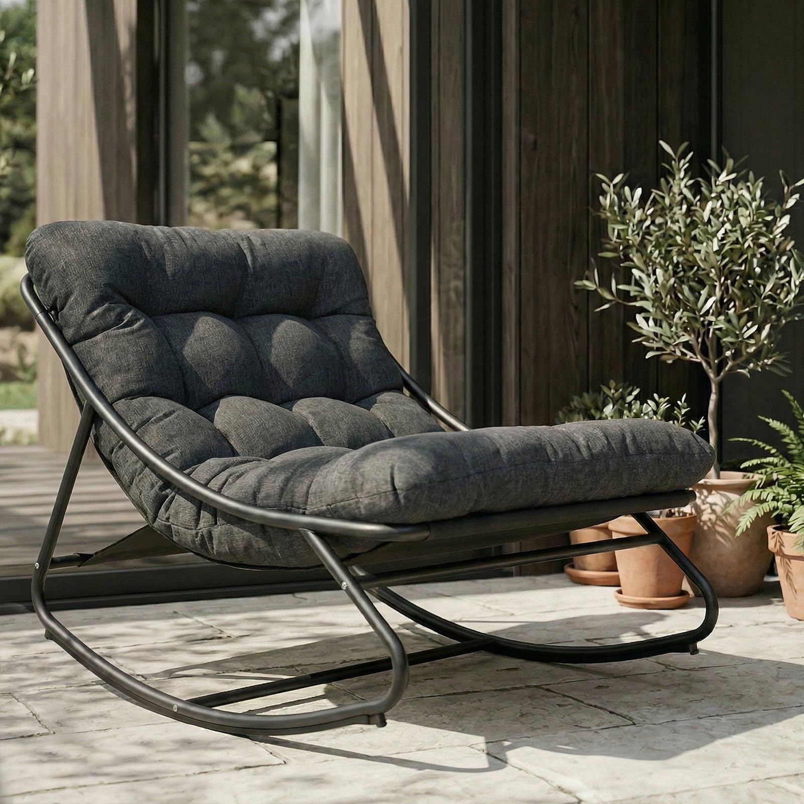 Rocking Chair Indoor and Outdoor, Metal Patio Lounge Rocking Chair with Thick Cushion, Comfy Modern Rocker for Living Room Porch Backyard