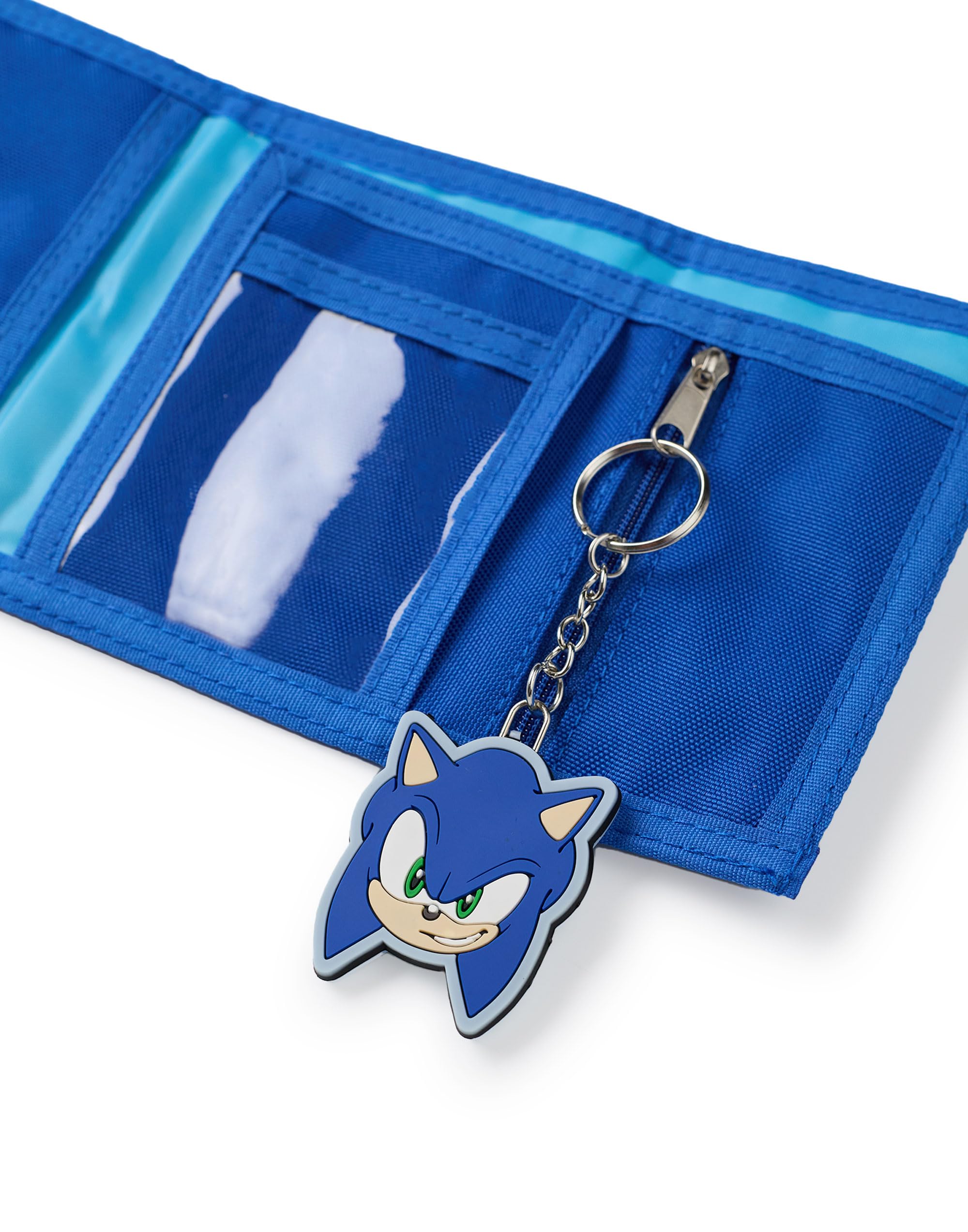 Sonic The Hedgehog Cartera con Cierre de Gancho y Bucle | Cartera Triple Azul con Estampado gráfico de Sonic y Tails para niños | Tarjetero y Efectivo con Llavero Sonic Head