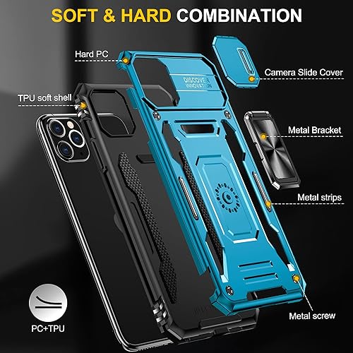 Miniatura 7 de Funda para iPhone 11 Pro con 2 protectores de pantalla de vidrio, funda con soporte para cámara deslizante y anillo magnético de 360 a prueba de