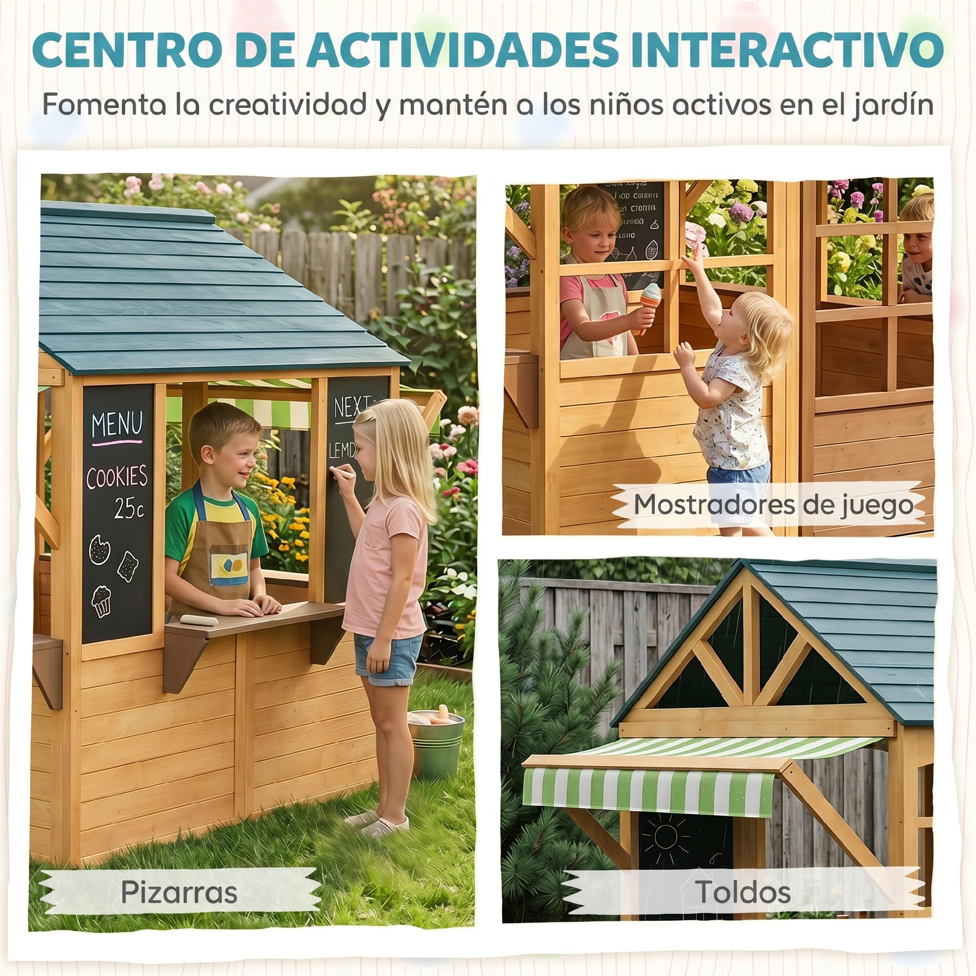 AIYAPLAY Casita Infantil Exterior de Madera Plegable Casa Jardín Infantil con 2 Pizarras Ventanas y Toldo Casita de Juegos para Niños a Partir de 3 Años Natural