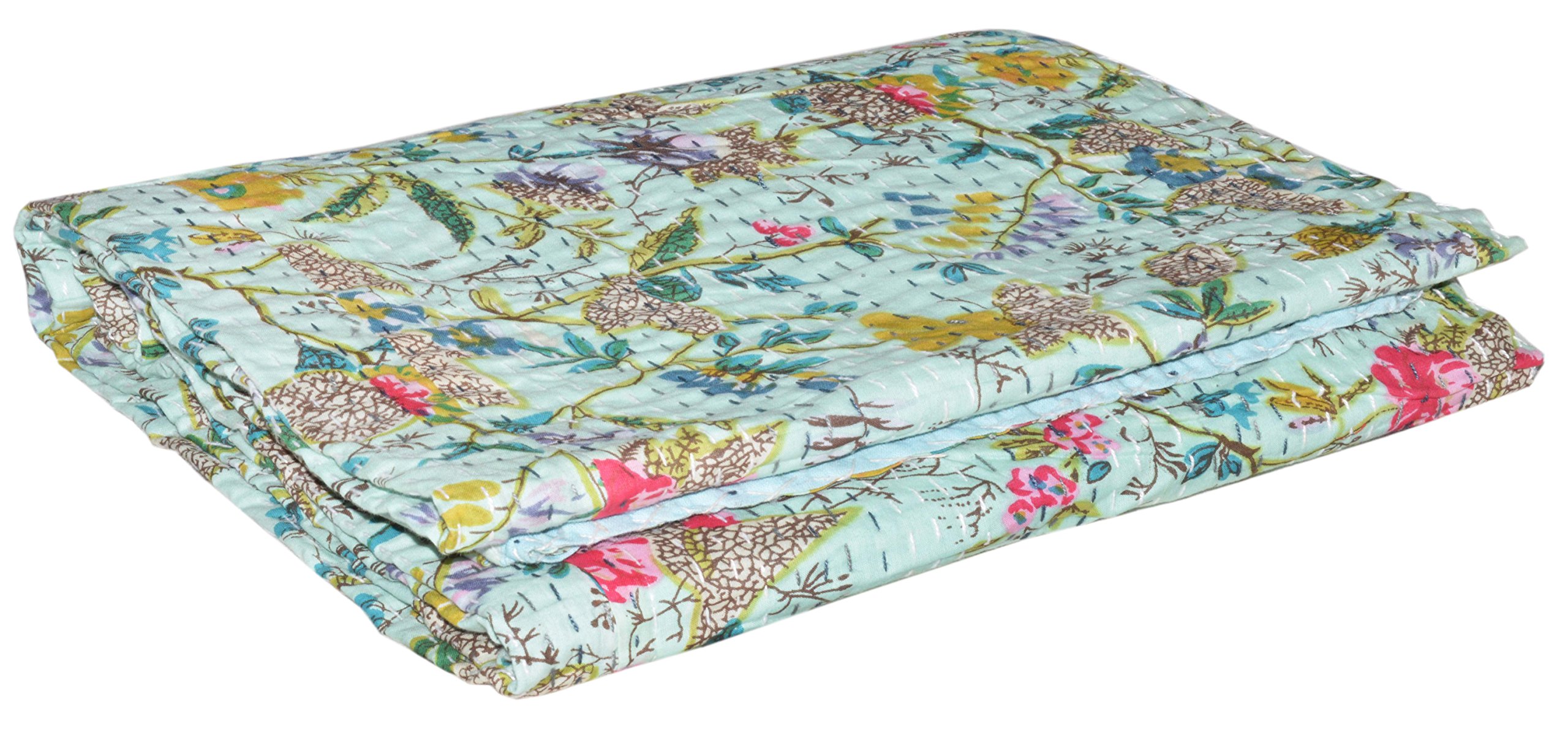 YUVANCRAFTS Indian Cotton Handmade Quit Floral Print Twin Size Quilt Blanket Bedspreads Throw