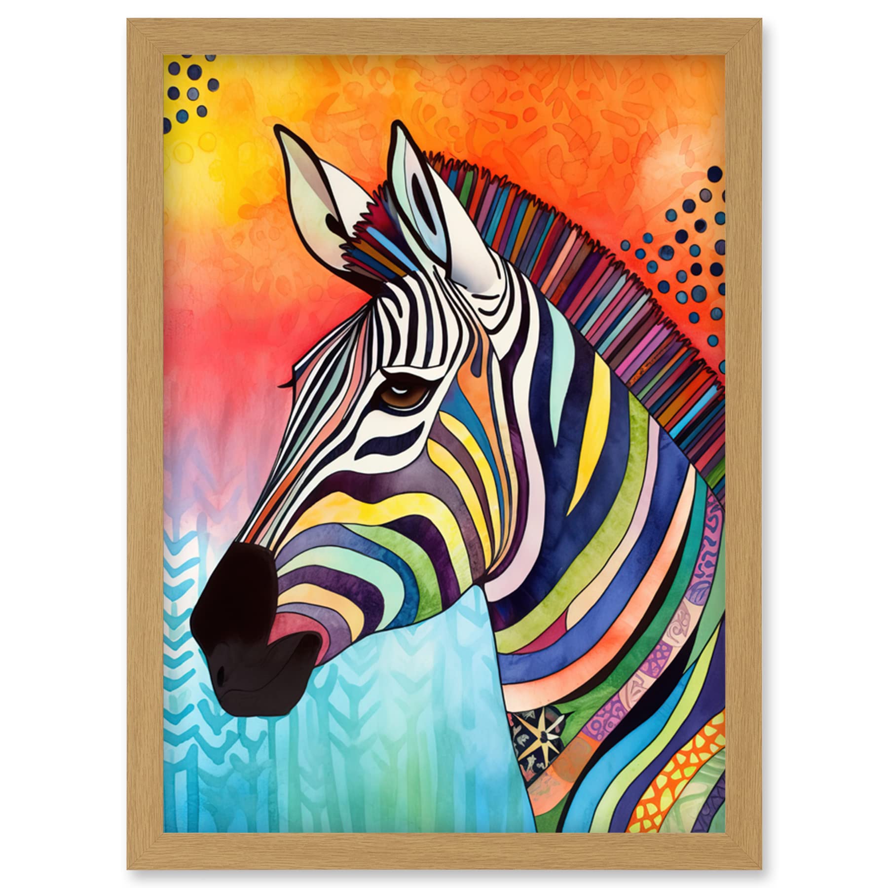 Artery8 Zebra Folk Art Bright Multicoloured Artwork Framed Wall Art Print A4