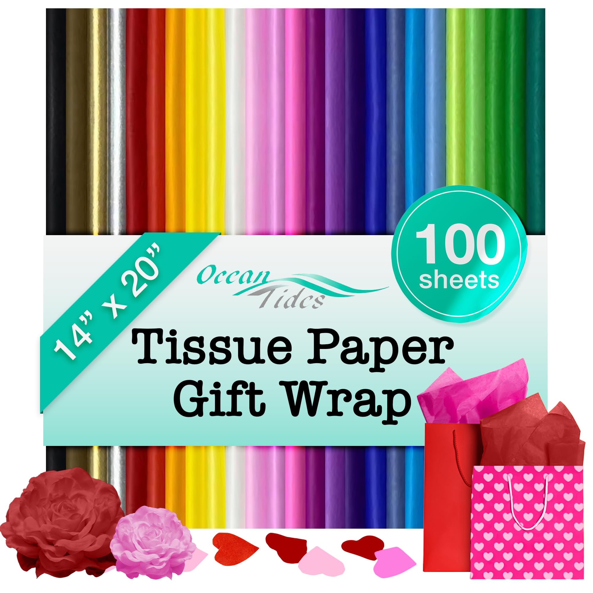 Ocean Tides Premium 100 Sheets (14 x 20 Inches) Valentine’s Wrapping Paper – 25 Colors Gift Wrapping Tissue Paper Bulk for Romantic Gifts & Birthdays – Colored Tissue Papers for Gift Bags, Assorted