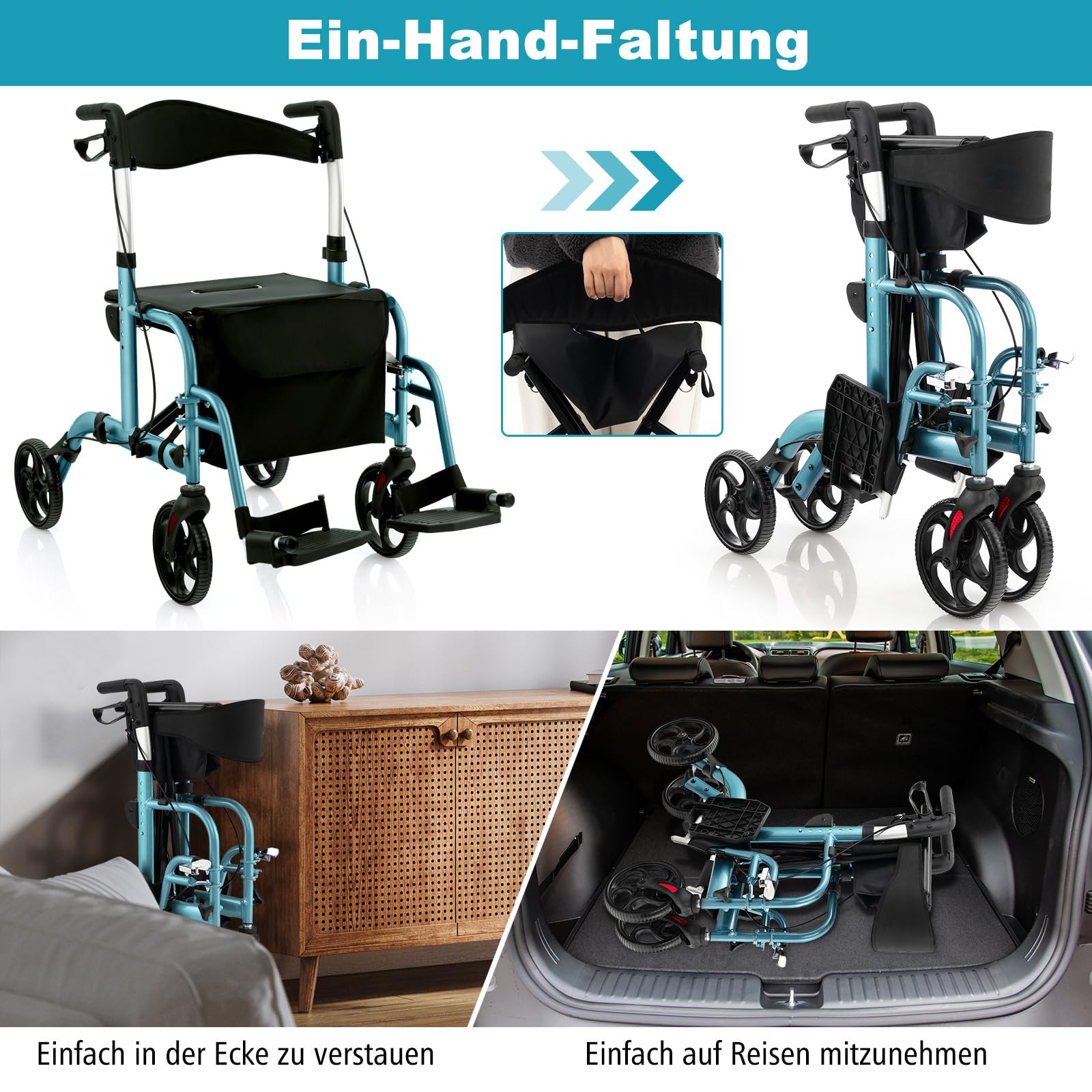 COSTWAY Rollator faltbar und leicht mit Sitz, 2 in 1 Rollstuhl & Reiserollator Leichtgewicht, Gehhilfe 6-fach höhenverstellbar, Gehwagen mit Tasche & Bremsen & Stockhalter, Aluminium (blau)