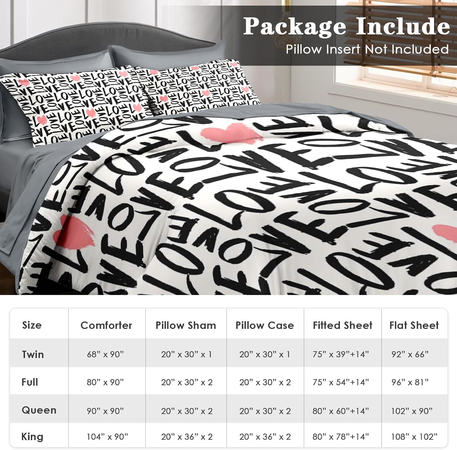 Comforter Set Queen Size, Love Heart 7 Pcs Bedding for Kids and Adults, Black and Pink Bedding Sets with Fitted Sheet 2 Pillowcases & 2 Shams for Bedroom Bed Decor - Image 6