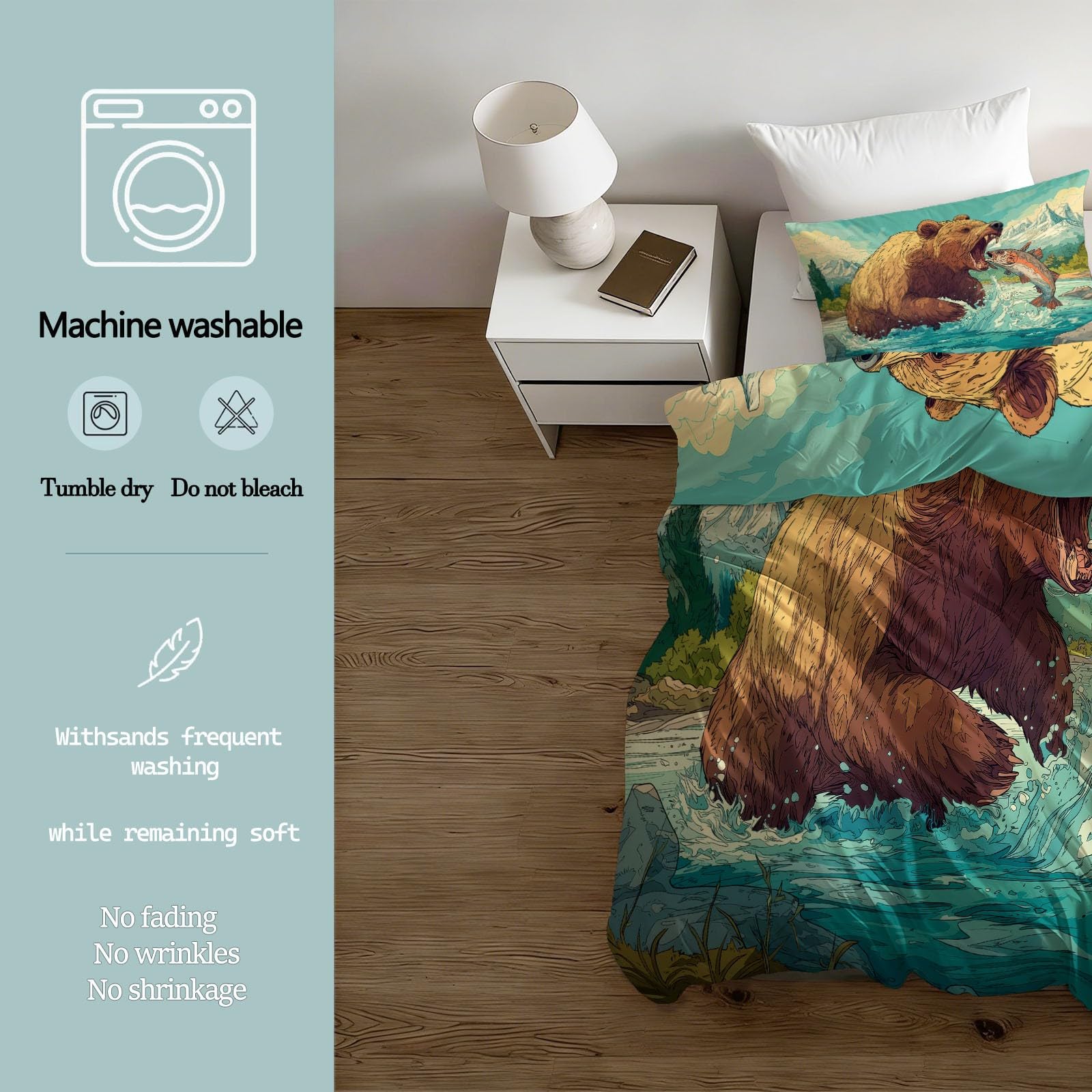 Braun Pościel 200 x 200 cm, 3-częściowa, miękka i nie wymaga prasowania, z mikrofibry, kreskówka, zwierzęta dżungli, niedźwiedź brunatny, komplet 2 poszewek na poduszkę 80 x 80 cm, na prezenty, do