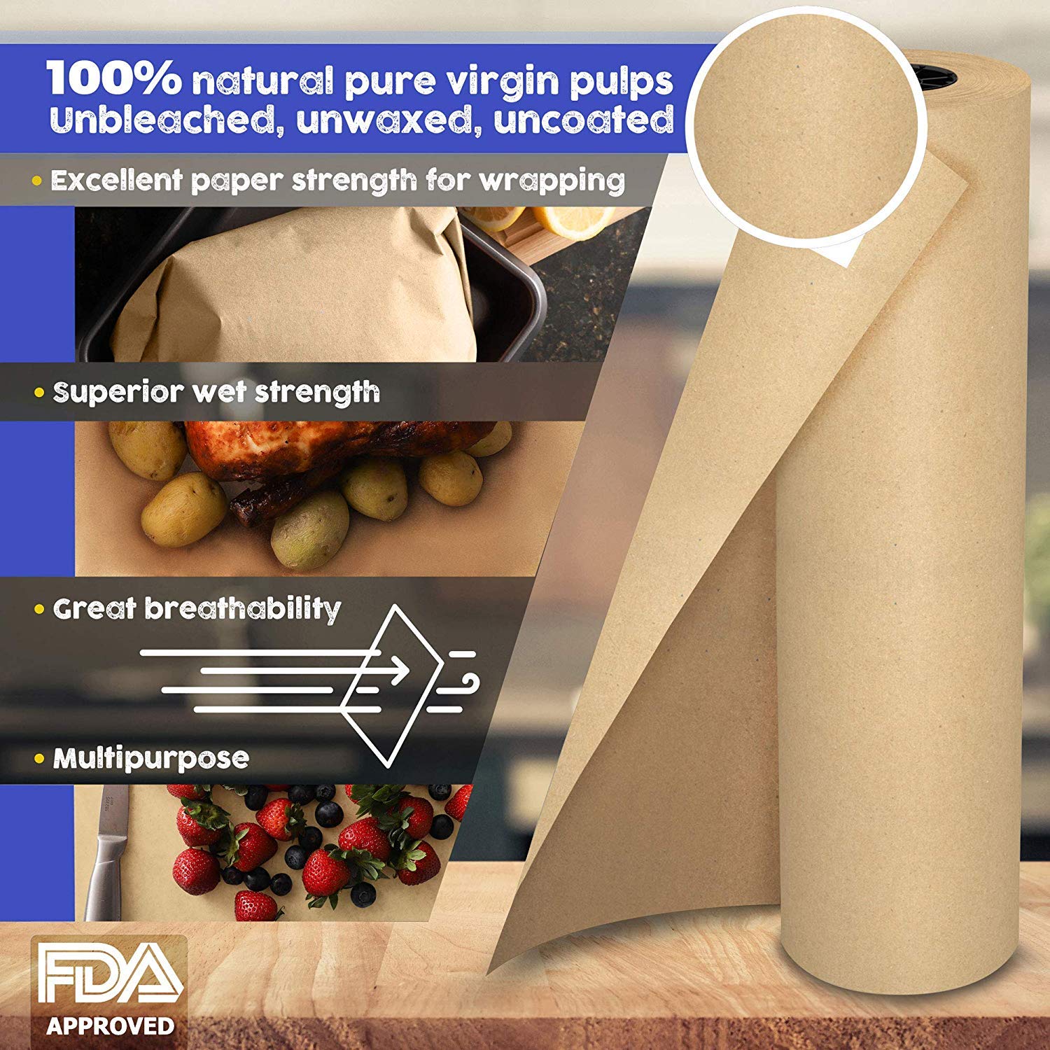 Happyroom Butcher Paper BBQ Kraftpapier 45cm x 52m BBQ Kraftpapier Cooking Paper für Kochen, Geräuchert, Gegrillt, Frittiert, Backwaren, Geschenkpapier für Lebensmittel FDA Approved (45cm*52m)