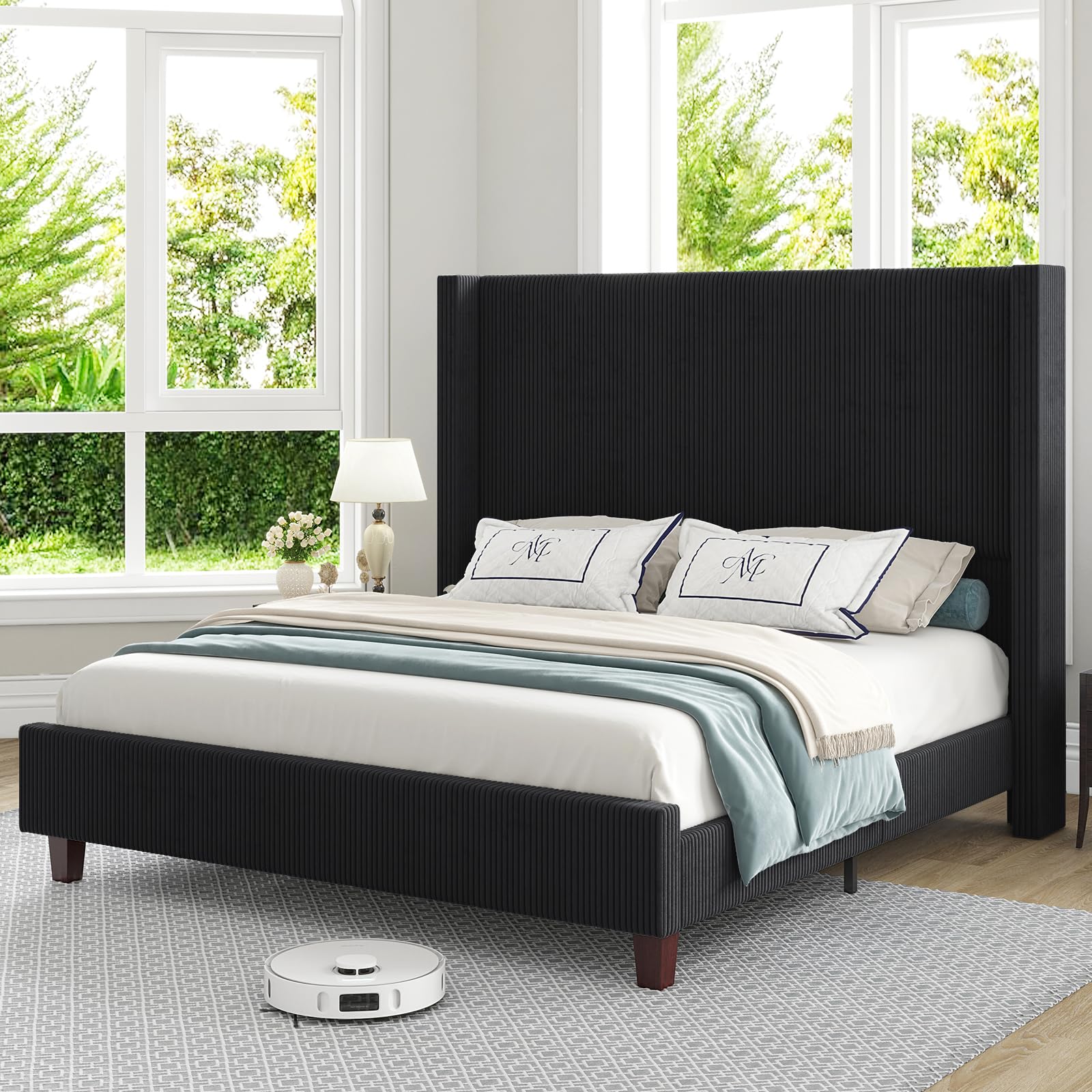 HOWE King Size 61" Corduroy Upholstered Bed Frame, Platform Bed with Vertical Stripe Wingback Headboard, No Box Spring Needed/Noise Free/Solid Wood