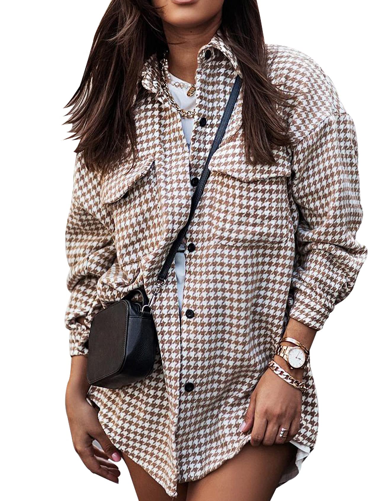 YimoonPlaid Jacket Women Casual Houndstooth Jacket Flannel Shacket Loose Long Sleeve Shirt Button Down Shacket with Pockets