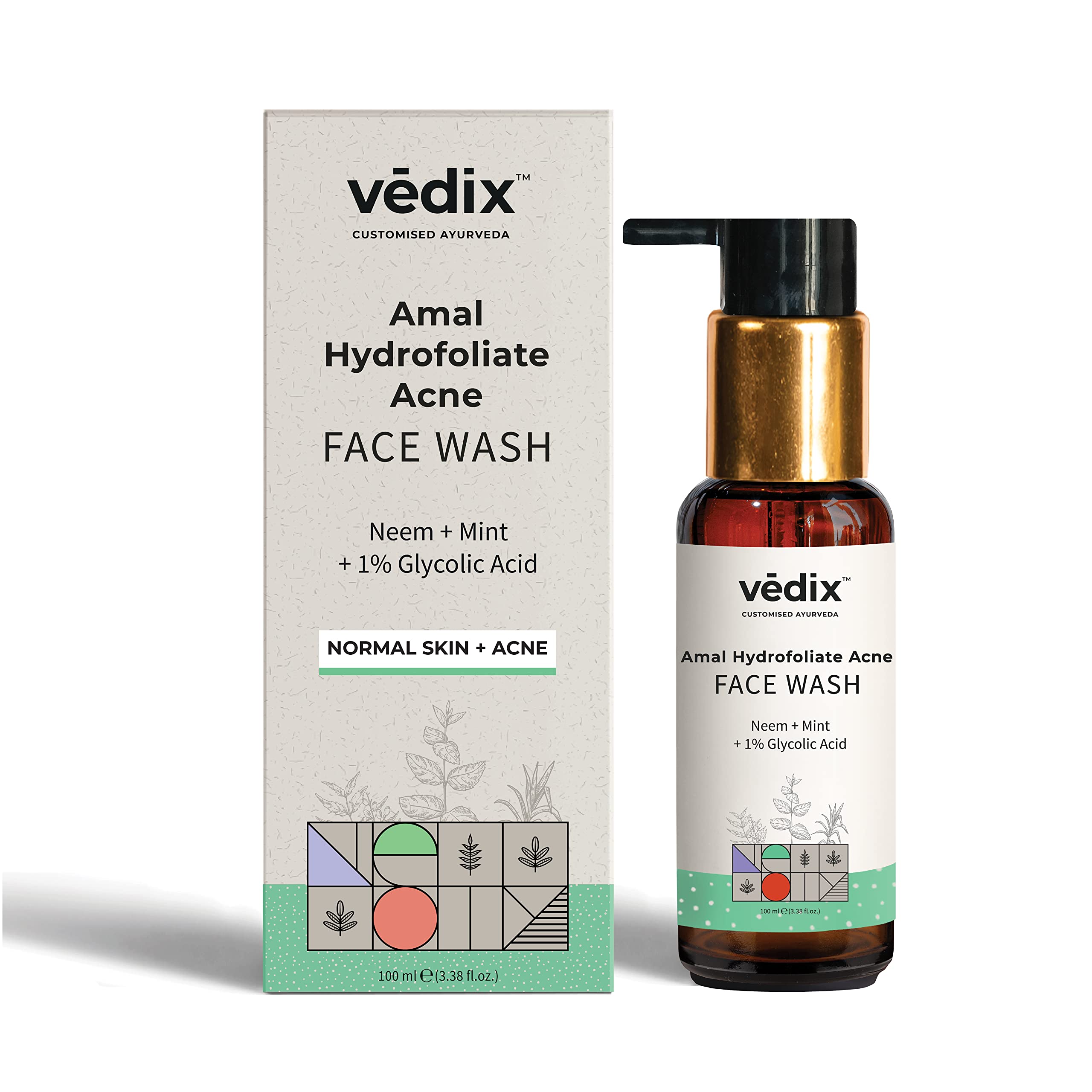 Vedix Ayurvedic Facewash For Acne Prone Skin, Amal Hydrofoliate Customized Acne Facewash For Normal Skin, With Neem, Mint and 1% Glycolic Acid - 100ml