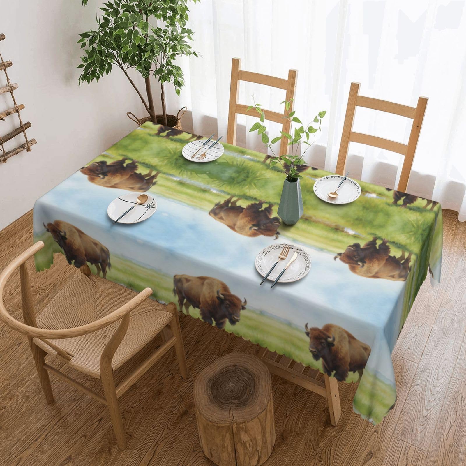 CNTDBU Watercolor Bison Prairie Scalloped Edge Tablecloth 54x72-Waterproof Stain Resistant Wrinkle Free Cover, Square Table Cloth for Dining Party