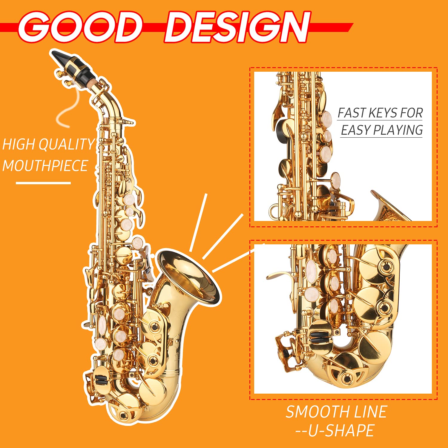 sassofono soprano,Sassofono soprano in Sib Lacca dorata Sax in ottone con custodia per strumento Bocchino Tracolla per panno Spazzola per pulizia per musicisti principianti