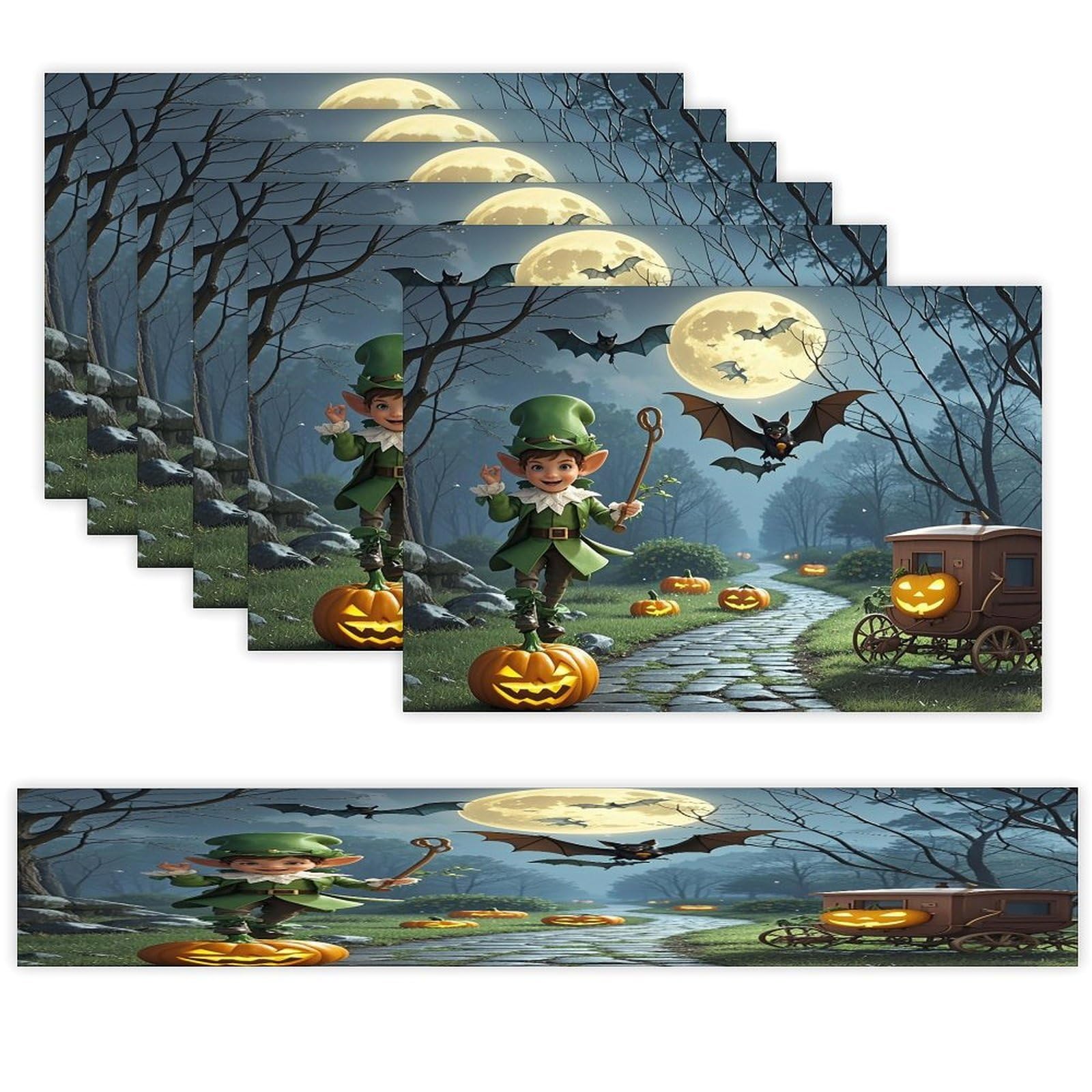 Elves and Bats Placemats Set of 6 and Table Runner for Holiday Party Kitchen Dining Table Decor Farmhouse Style Washable Table Mat Set Heat Resistant Linen Place Mat Sets