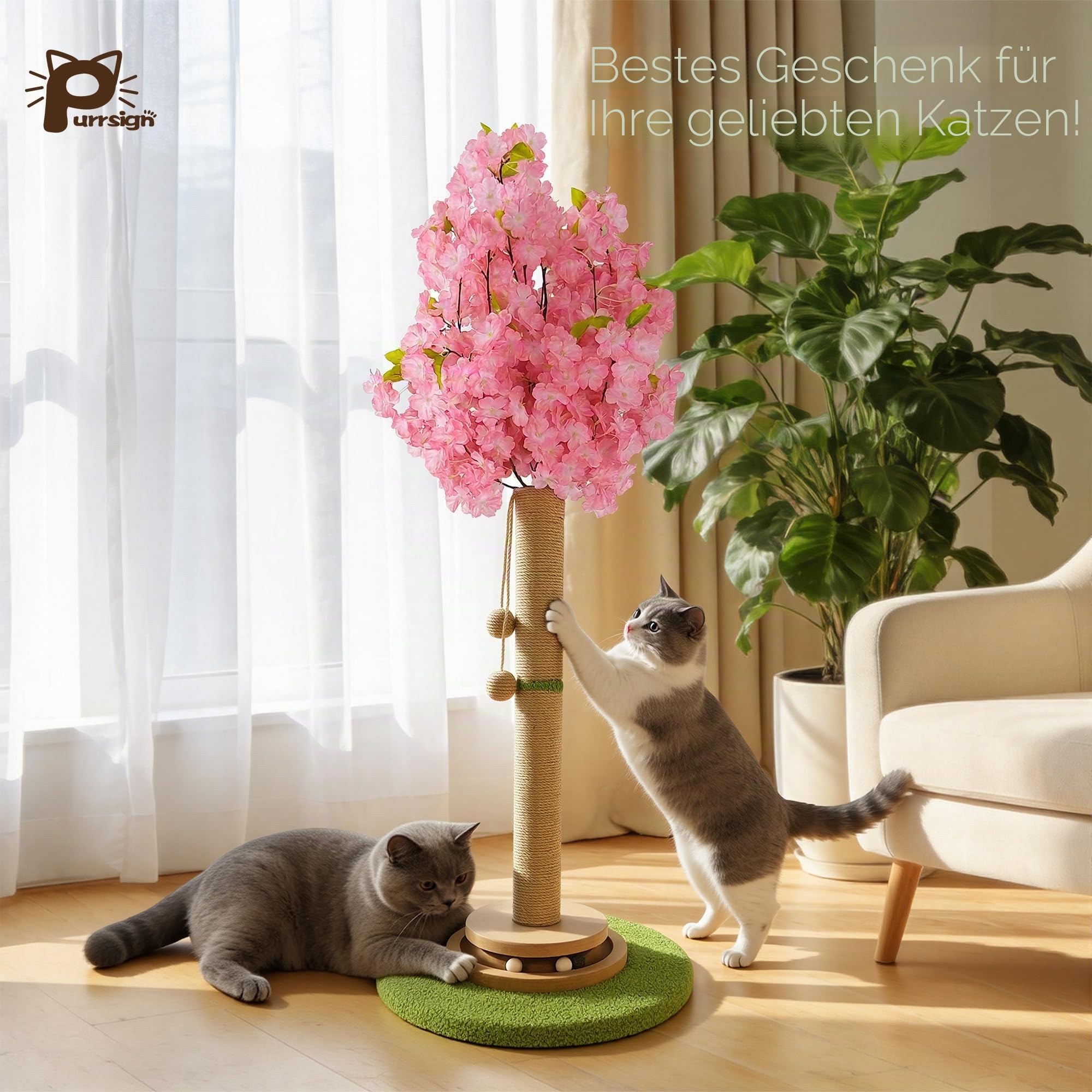 Kirschblüten-Kratzbaum, 91 cm hoch, natürlicher Sisal, stabile Basis, Turm mit interaktivem Trackball-Spielzeug für Indoor-Kätzchen und große Katzen, japanische ästhetische
