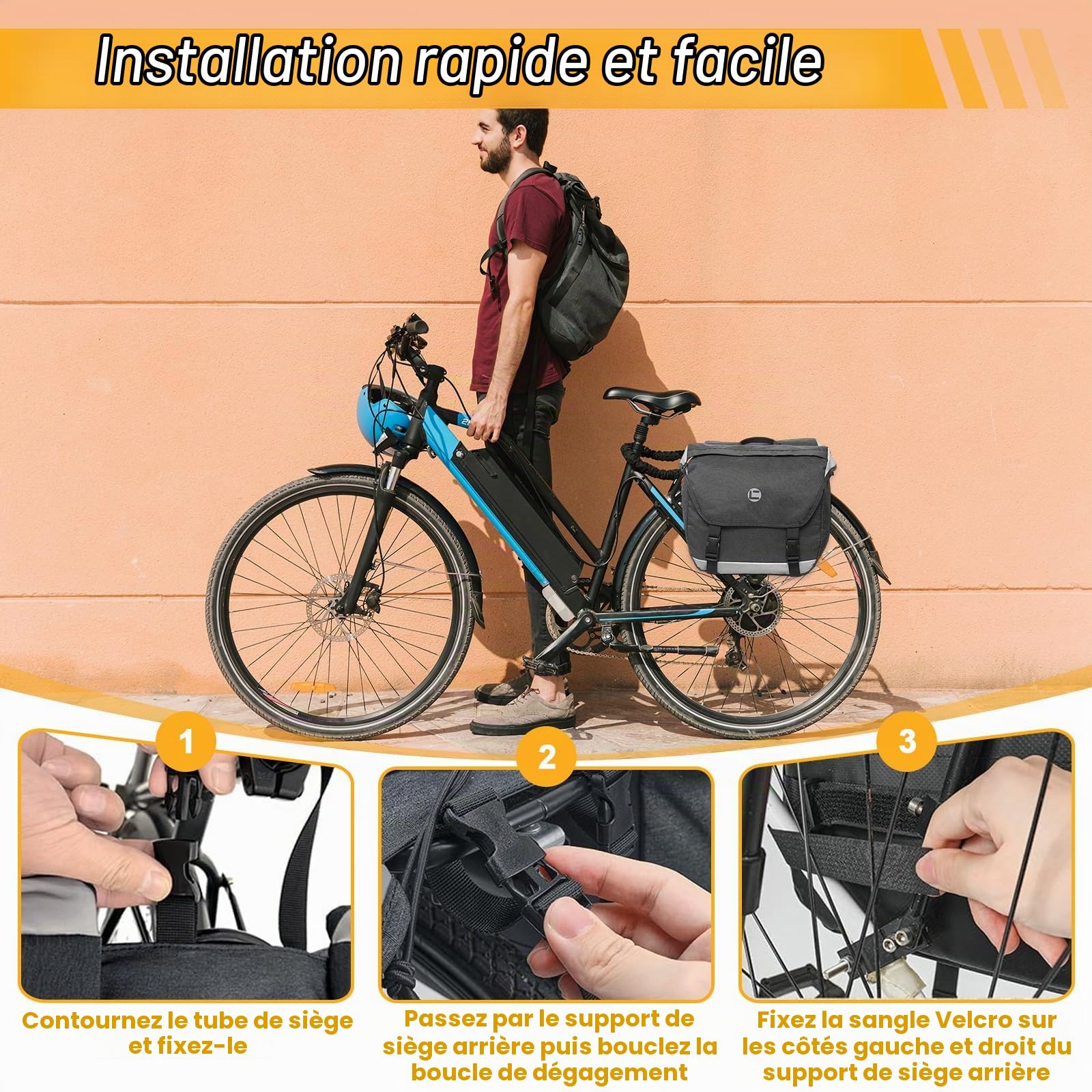 Sacoche Vélo avec Réflecteurs Housse Pluie & Poignée, Sacoches Porte Bagage Arrière Imperméable, Accessoire Voyage Sac Bagages Selle Bilatéral Etanche Multifonction pour VTT, Électrique, Navetteur
