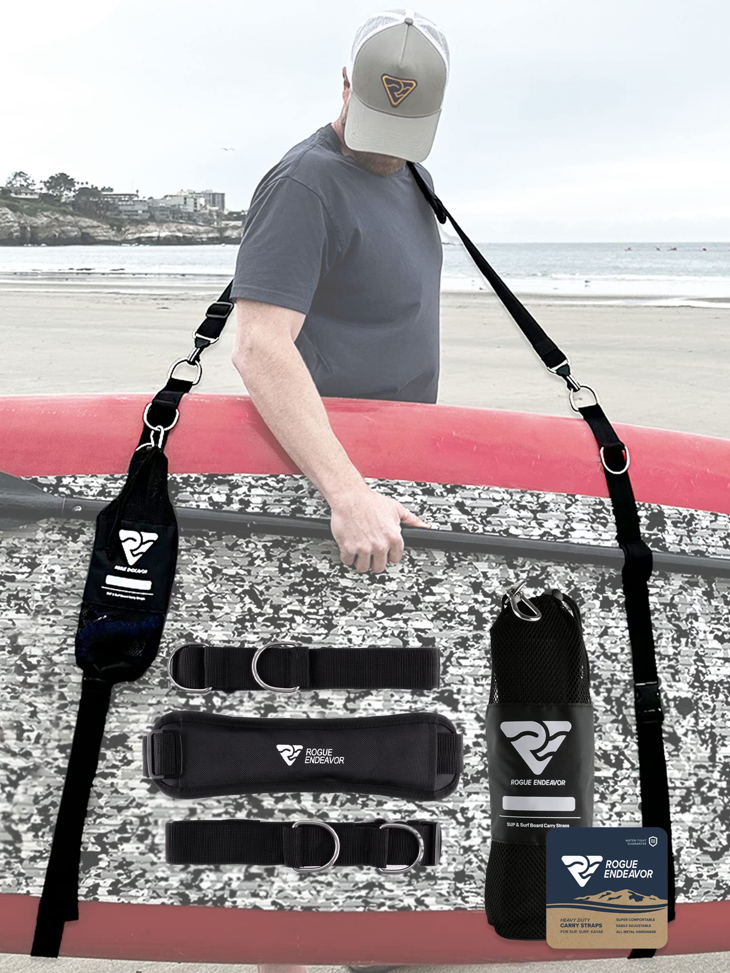 RogueEndeavor® SUP & Surf Board Carry Straps, Universal Fit, Mesh Bag, Salt Water Ready, Surf Board/Kayak/Stand Up Paddle Board Carry Straps with