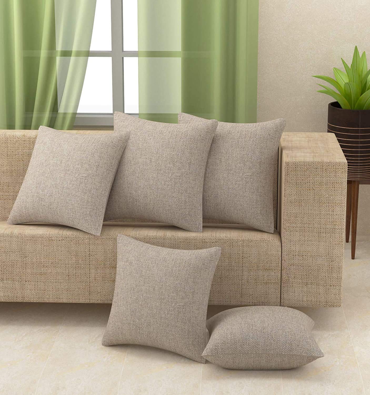 Yellow Weaves ? Decorative Jute Cushion Covers (16 X 16 Inches) Set Of 5, Beige Color, 250 TC-image-45