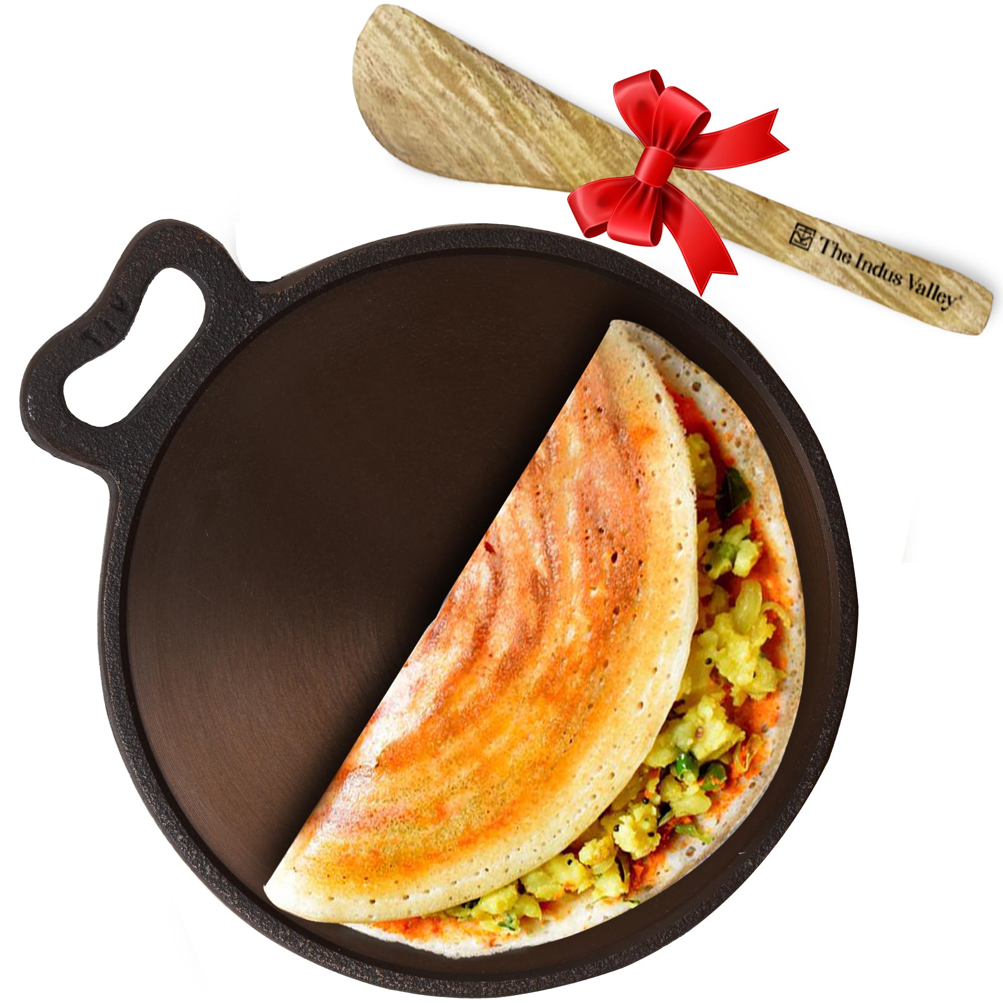 The Indus Valley Super Smooth Cast Iron Tawa with Free Wooden Spatula for Dosa/Chapathi | 27.9cm/11 inch, 2.7kg | Induction Friendly | Naturally Nonstick, 100% Pure & Toxin-Free, No Chemical Coating
