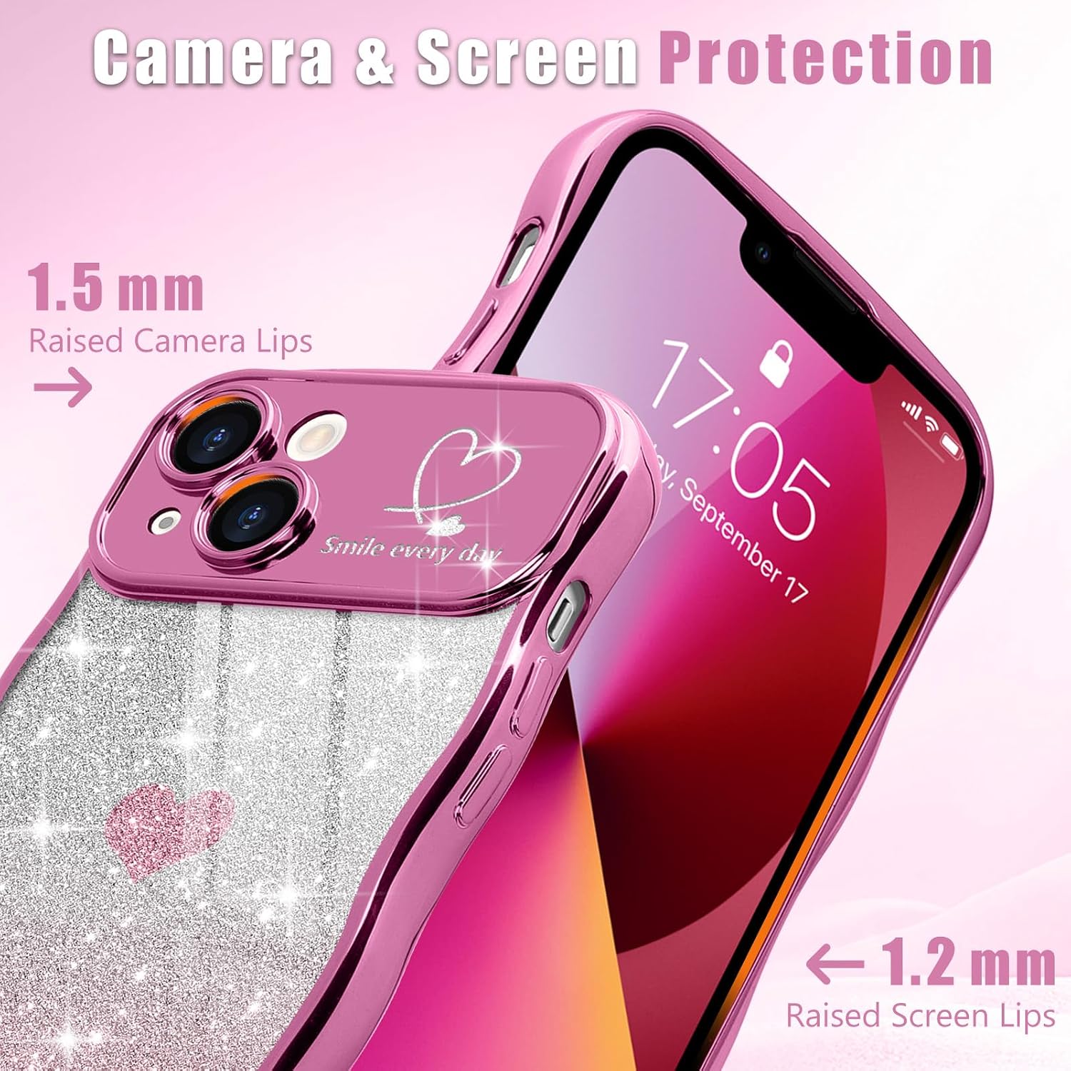  for iPhone 13 Case for Women Girls Cute Curly Wavy Frame, Rose Red | Love Heart Glitter Bling Camera Protection Sparkly Luxury Shockproof Wave Phone Case for iPhone 13 6.1" thumbnail