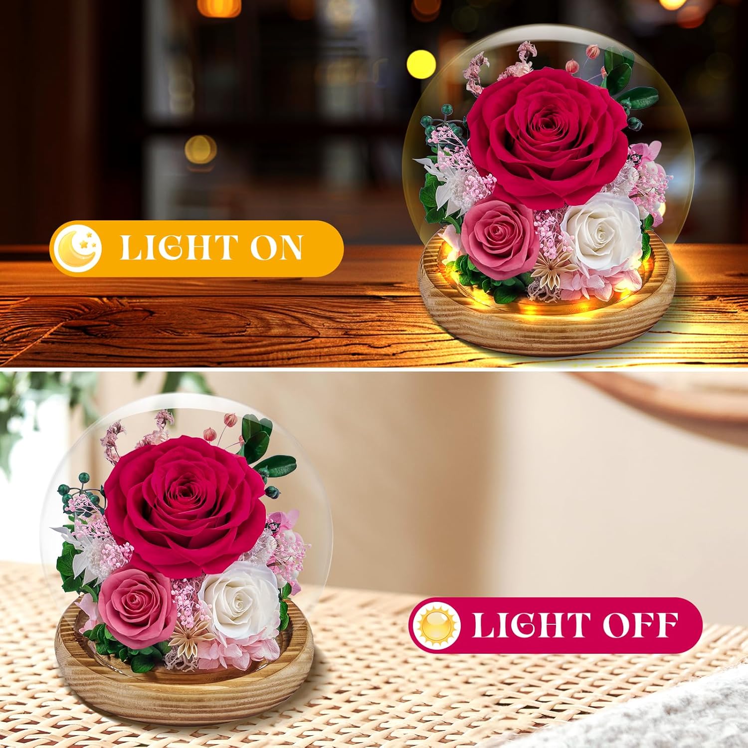 Preserved Roses Forever Flowers in Glass - Birthday Gifts for Women Mom, Real Flowers for Delivery Prime | Rose Gift for Grandma Wife Sister Friend (Mix Fuchsia) - Image 2