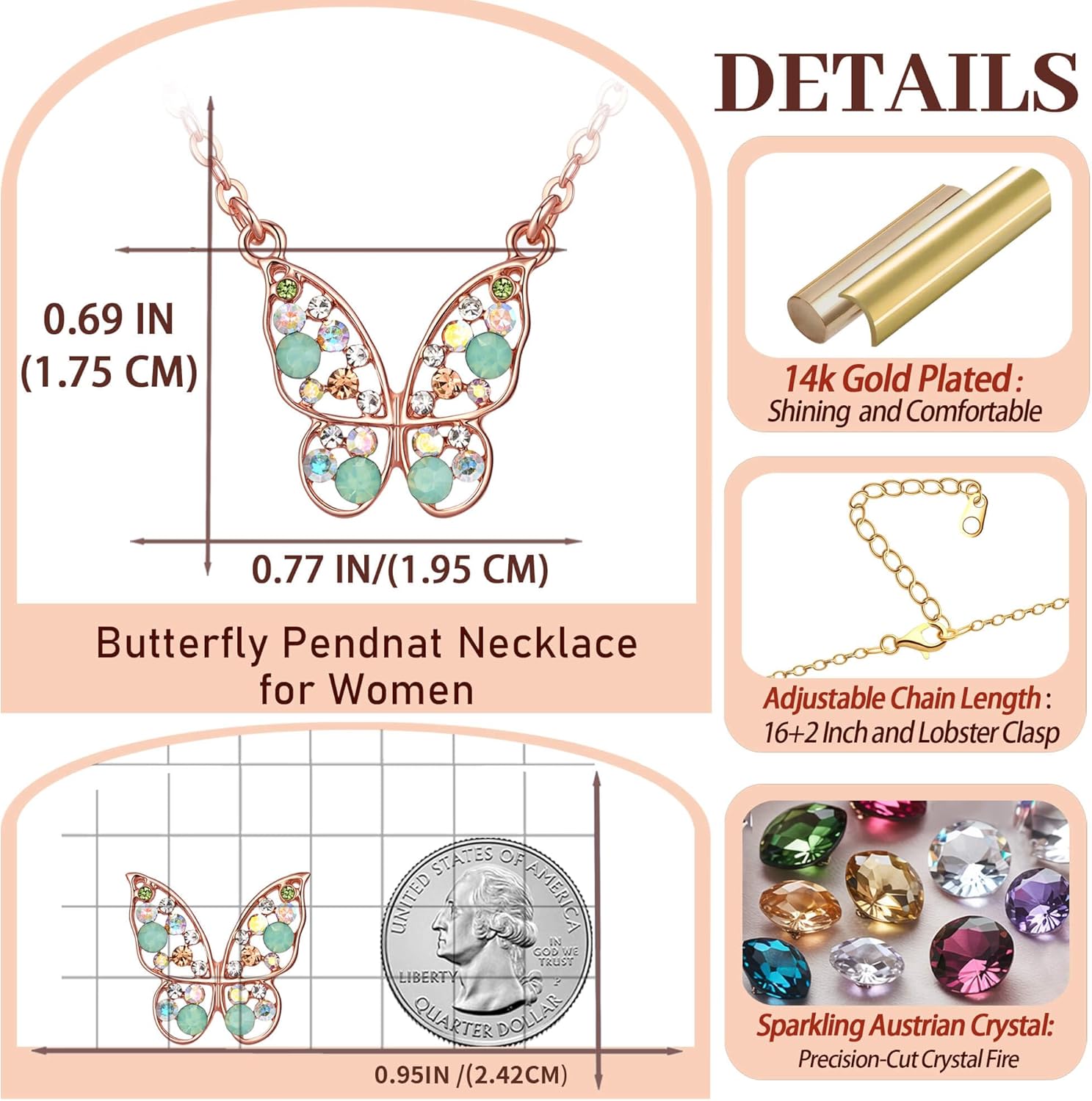 EVEVIC Austrian Crystal Butterfly Pendant Necklaces for Women 14K Gold Plated Rhinestone Necklace Hypoallergenic Jewelry Gifts - Image 5