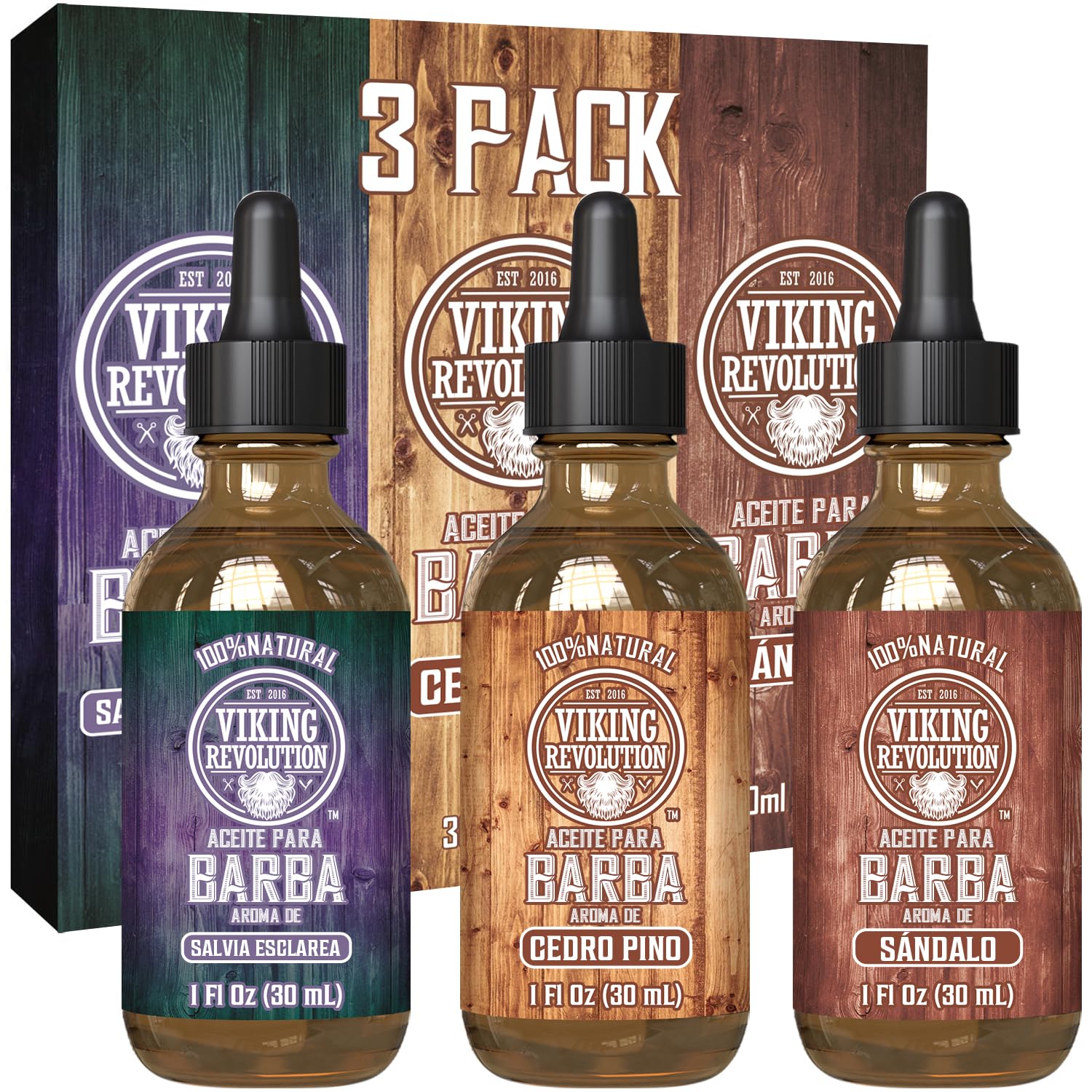 Viking Revolution - Aceite Barba Hombre Paquete de 3 Set De Regalo para Hombre - Completamente Acondicionador Natural para Barba - Aroma A Sandalo, Pino Y Cedro, Salvia - 30 ml cada uno