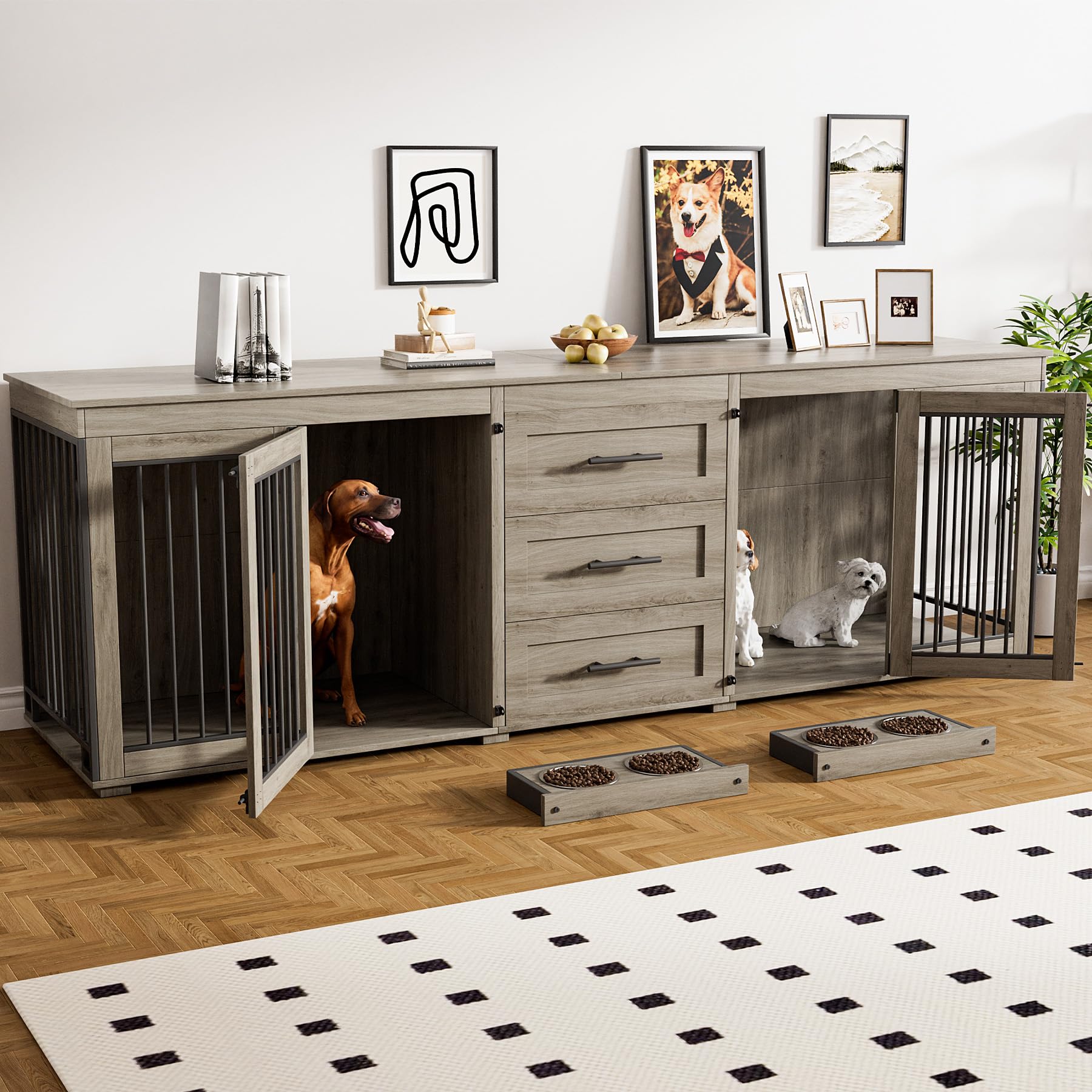 Rophefx 94.5" Dog Crate Furniture for 2 Dogs, Large Dog Kennel Furniture with 3 Storage Drawer, Wooden Dog Cage with 4 Bowls, Indoor Dog House TV