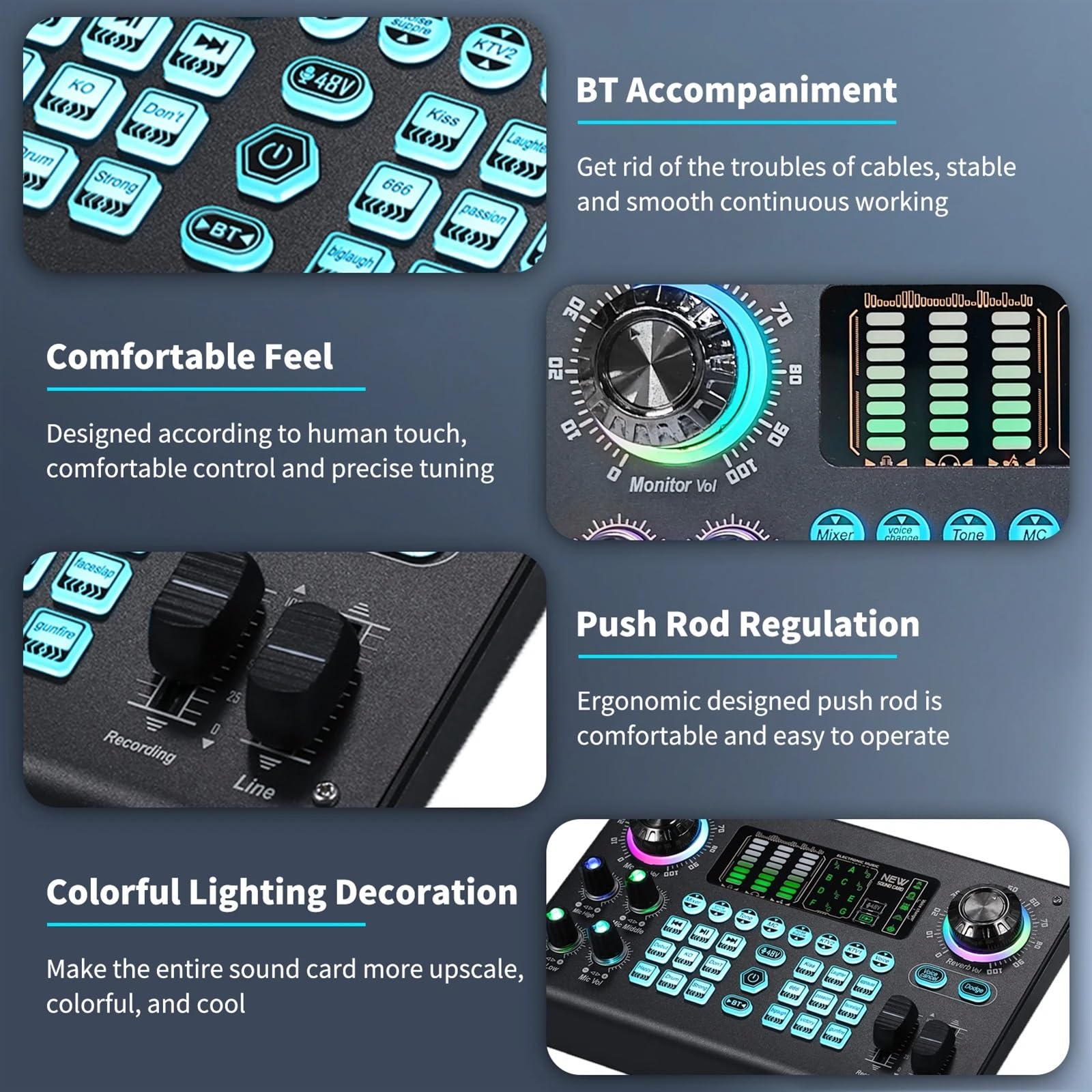 Controllore DJ Mixer multifunzione Scheda audio digitale portatile Console di missaggio USB BT Alimentazione Phantom 48V incorporata Mixer live professionale