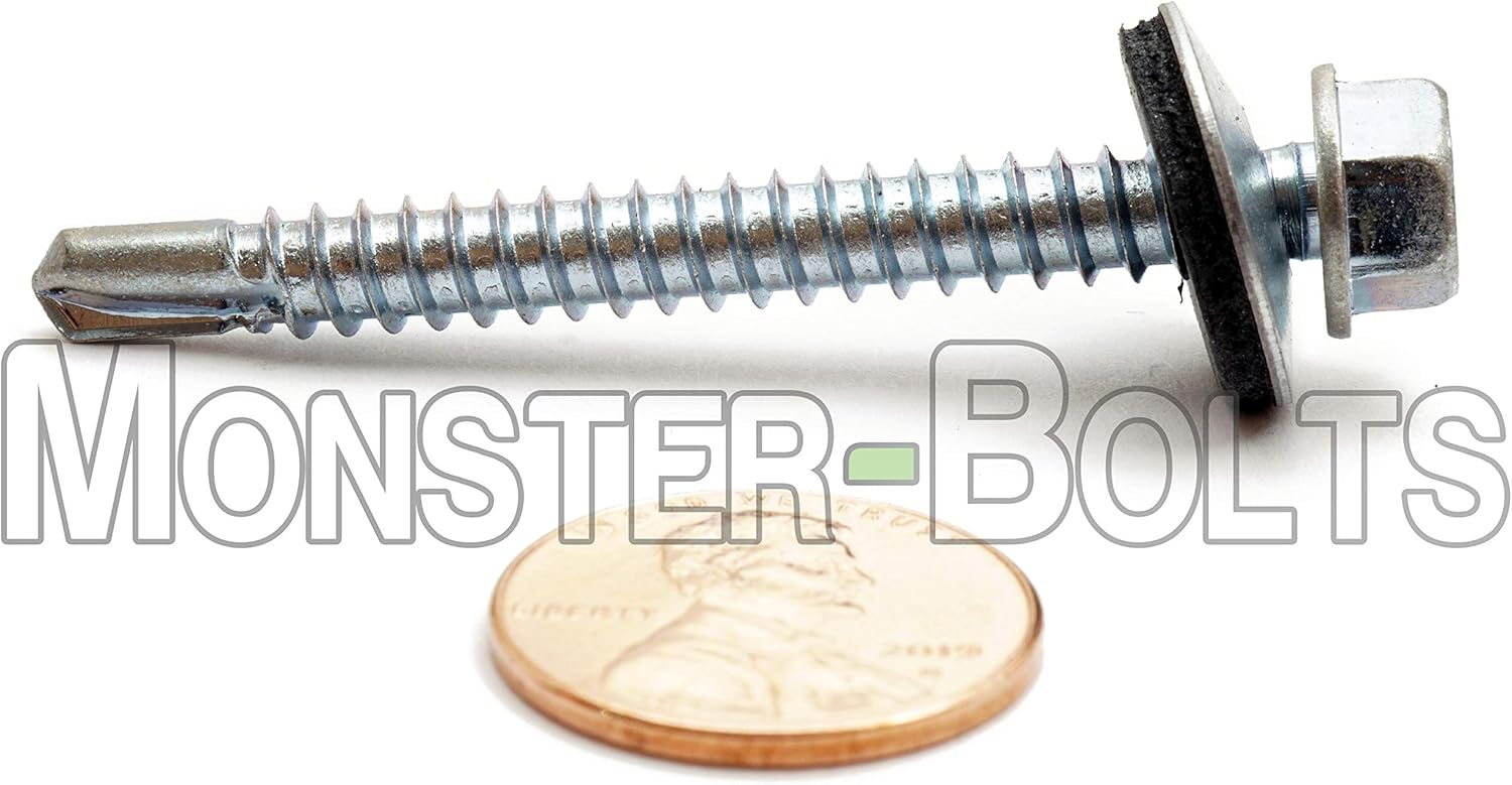 (250) #12 x 2" Indent HWH with Bonded EPDM Sealing Washer, Hex Washer Head Unslot, Zinc #3 Point Self Drilling TEK Proferred Sheet Metal Roofing Screws - MonsterBolts (250, 12 x 2")