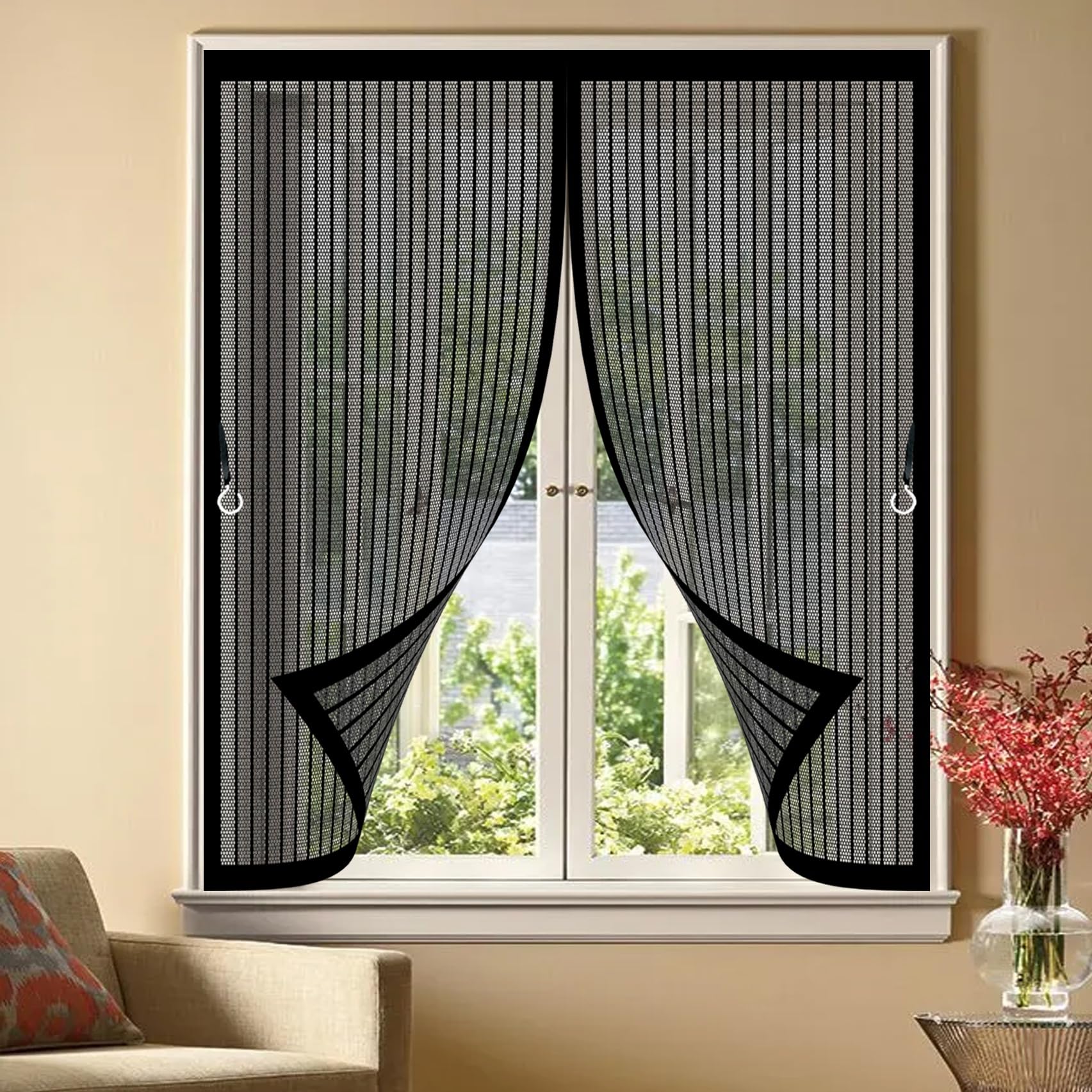 Moustiquaire fenêtre 90x68 cm noire à maille fine avec fermeture automatique