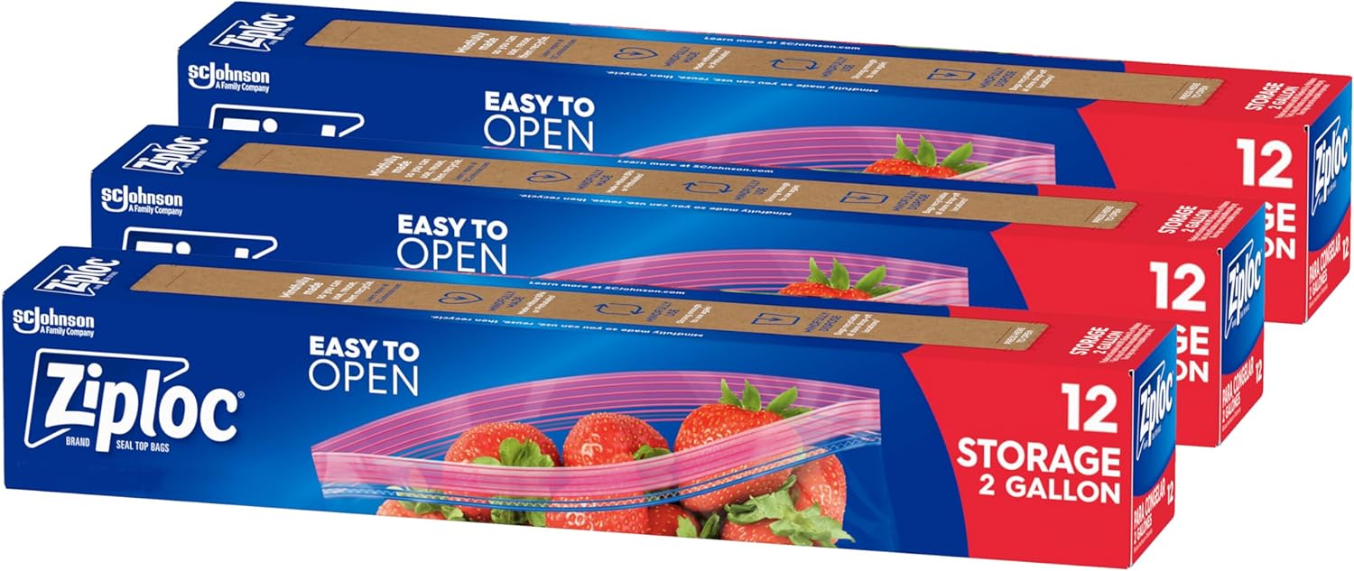 Ziploc 2 Gallon Food Storage Bags, Grip 'n Seal Technology for Easier Grip, Open, and Close, 36 Bags Total 12 Count (Pack of 3)